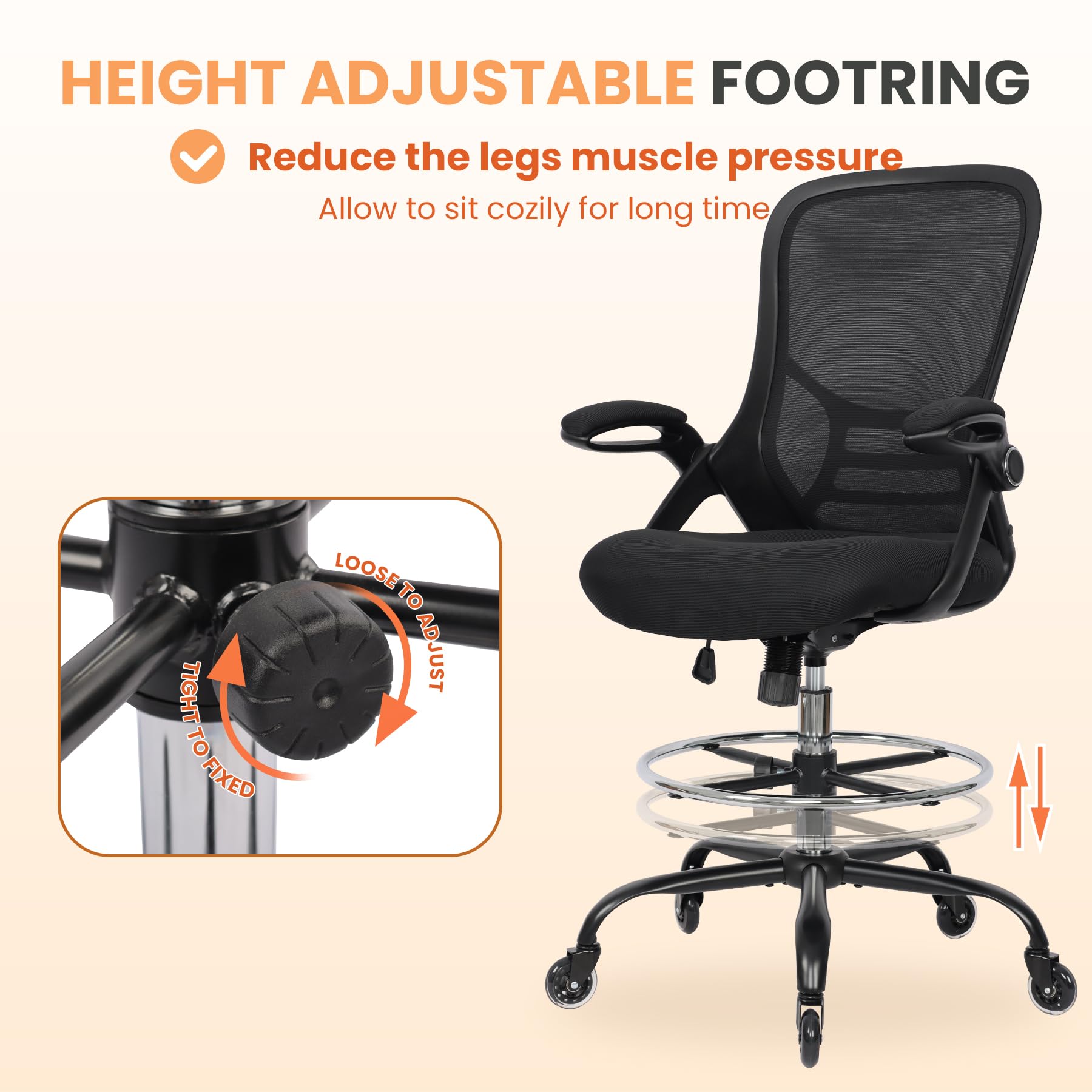 Ergonomic Adjustable Drafting Chair with Lumbar Support & Footrest - Heavy Duty Tall Office Stool for Artists, Standing Desk & Home Office Use - Perfect for Drawing, Drafting & Long Work Sessions
