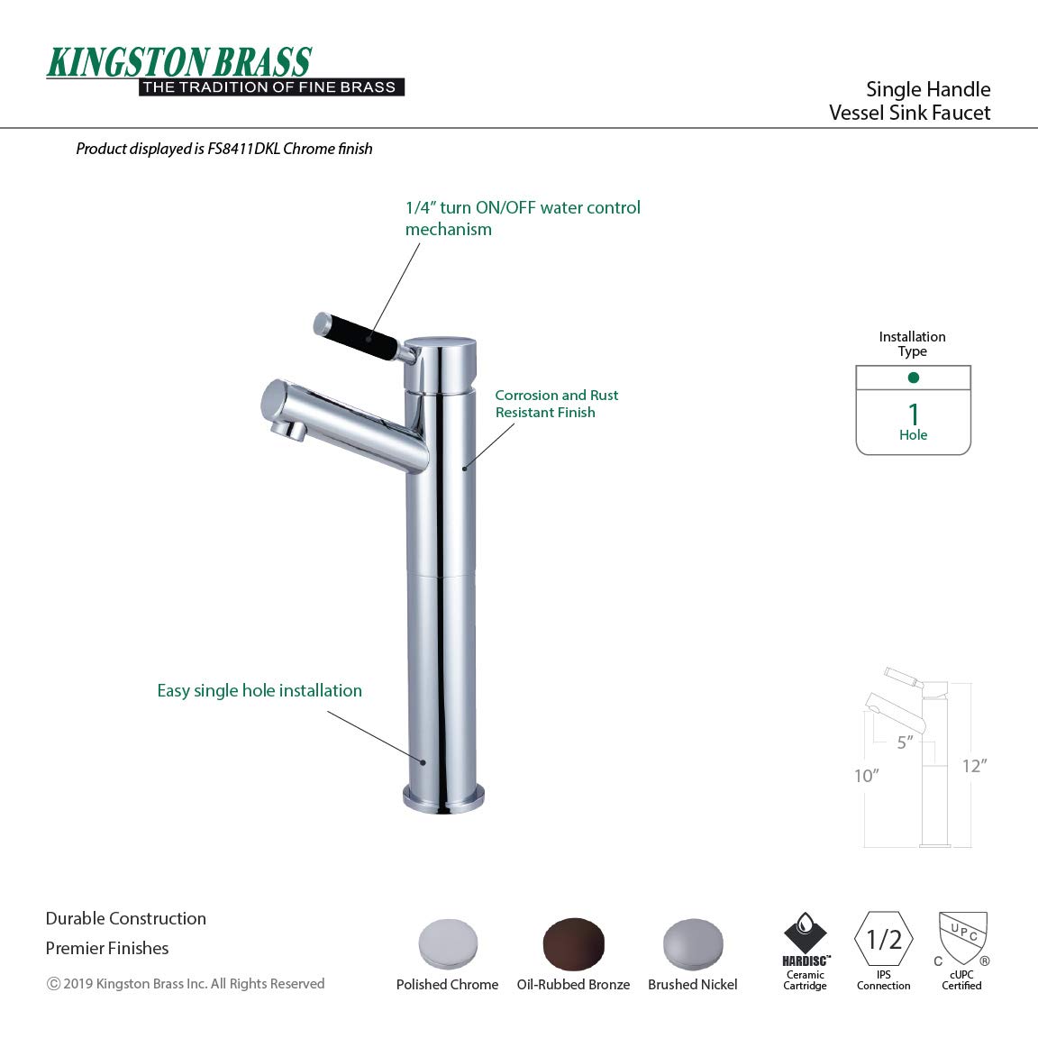 Kingston Brass FS8418DKL Kaiser Single Handle Vessel Sink Faucet - Brushed Nickel Finish, No Pop-Up Drain, Modern Bathroom Vanity Faucet for Powder Room, Guest Bath & Master Bath Decor