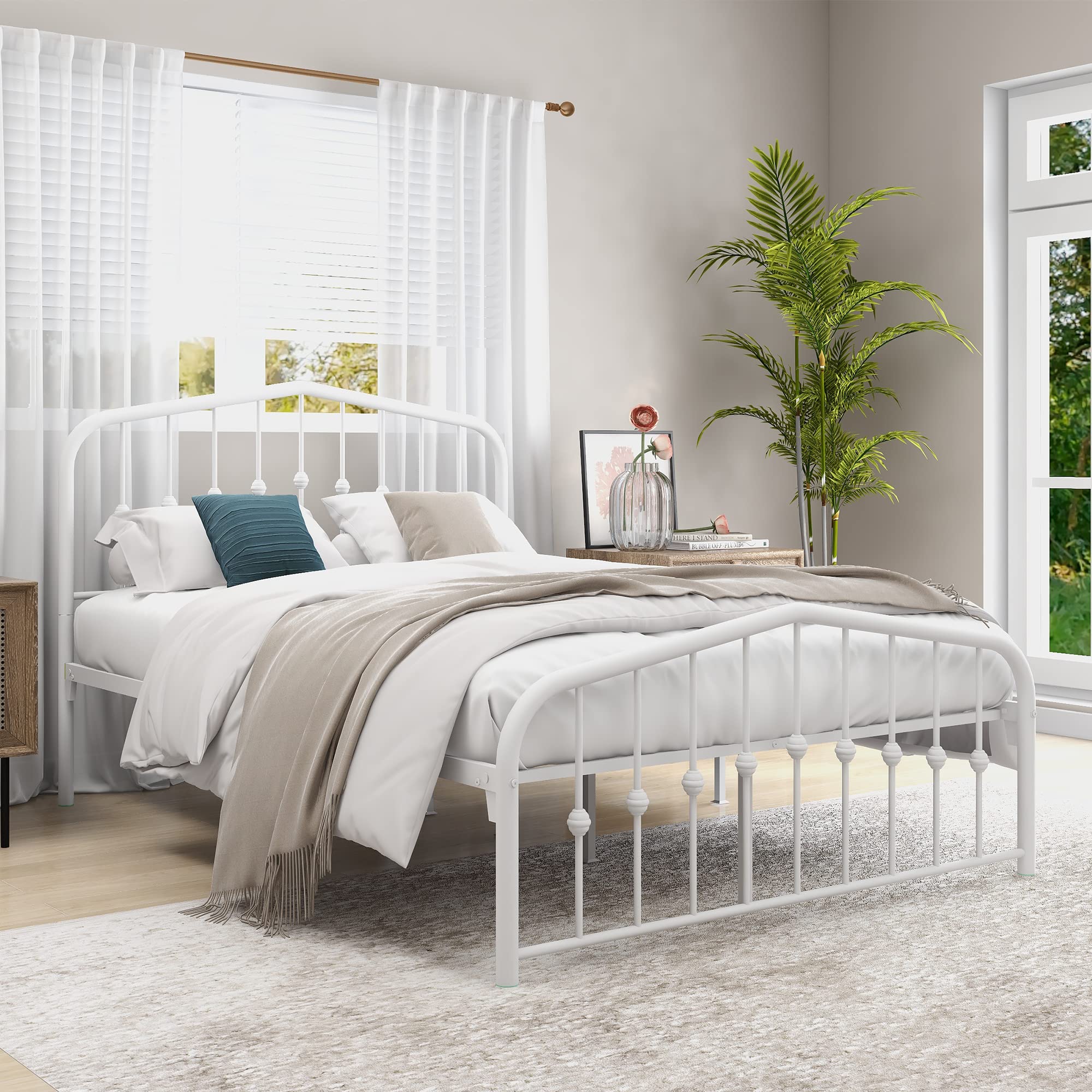 Full Metal Bed Frame Platform with Headboard & Footboard - Modern Design, No Box Spring Needed, Sturdy Steel Slat Support - White - Perfect for Master Bedroom, Guest Room & Dormitory