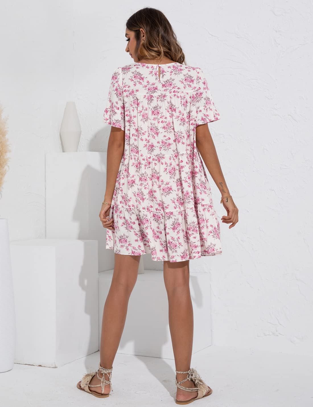 Locachy Women's Summer Floral Print Ruffle Sleeve Pleated Mini Dress - Casual Round Neck Sundress for Beach, Party & Vacation Outfits
