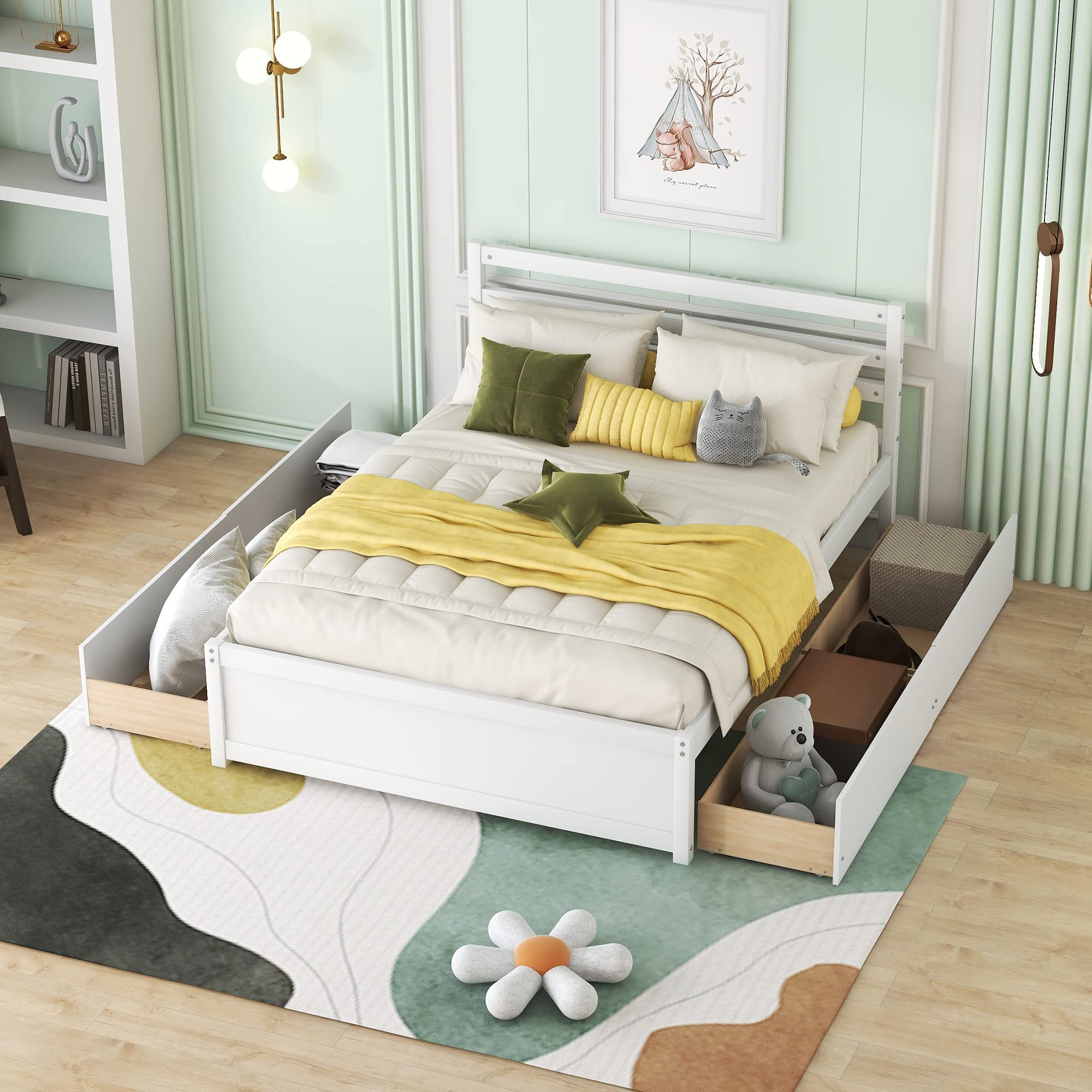 Bellemave Full Size Wooden Platform Bed with 4 Storage Drawers & Headboard - Sturdy Slat Support for Kids, Teens, Boys & Girls Bedroom - Perfect for Small Spaces & Guest Rooms (White)