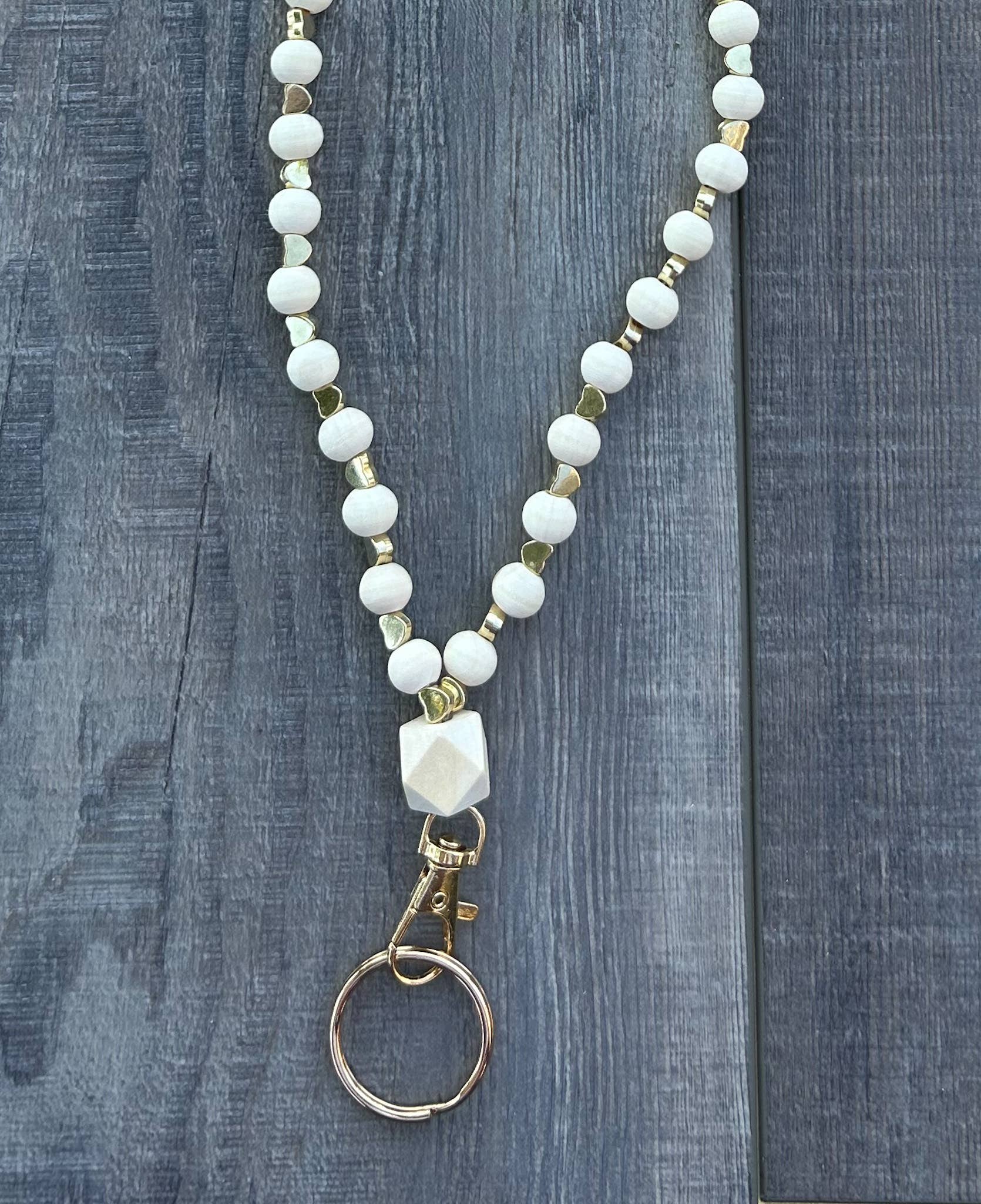 Gold Heart Beaded Lanyard with Breakaway Clasp - Stylish ID Badge Holder for Work, School, and Events | Adjustable Neck Strap for Keys, Whistles & Accessories