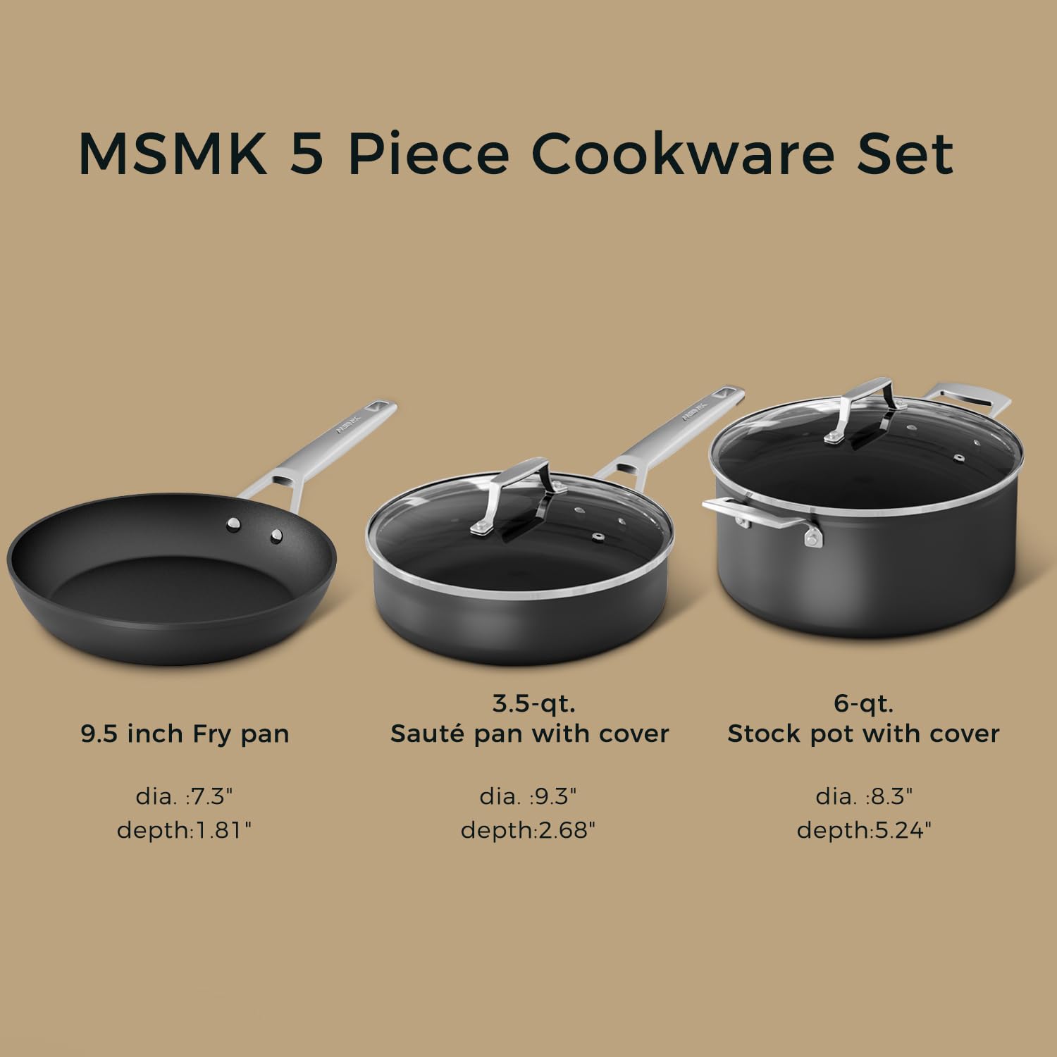 MSMK 5-Piece Nonstick Pots and Pans Set - Durable Induction-Compatible Cookware with Even Heating, Oven & Dishwasher Safe - Perfect for Home Cooking, Meal Prep & Family Dinners