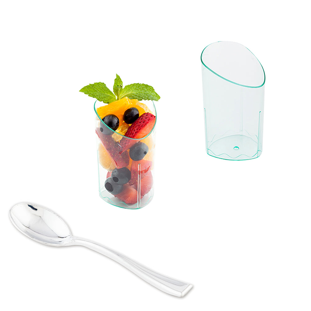 100-Pack 3 oz Seagreen Plastic Triangle Shot Glasses with 100 Silver Mini Plastic Spoons - Perfect for Parties, Bars, and Cocktail Events