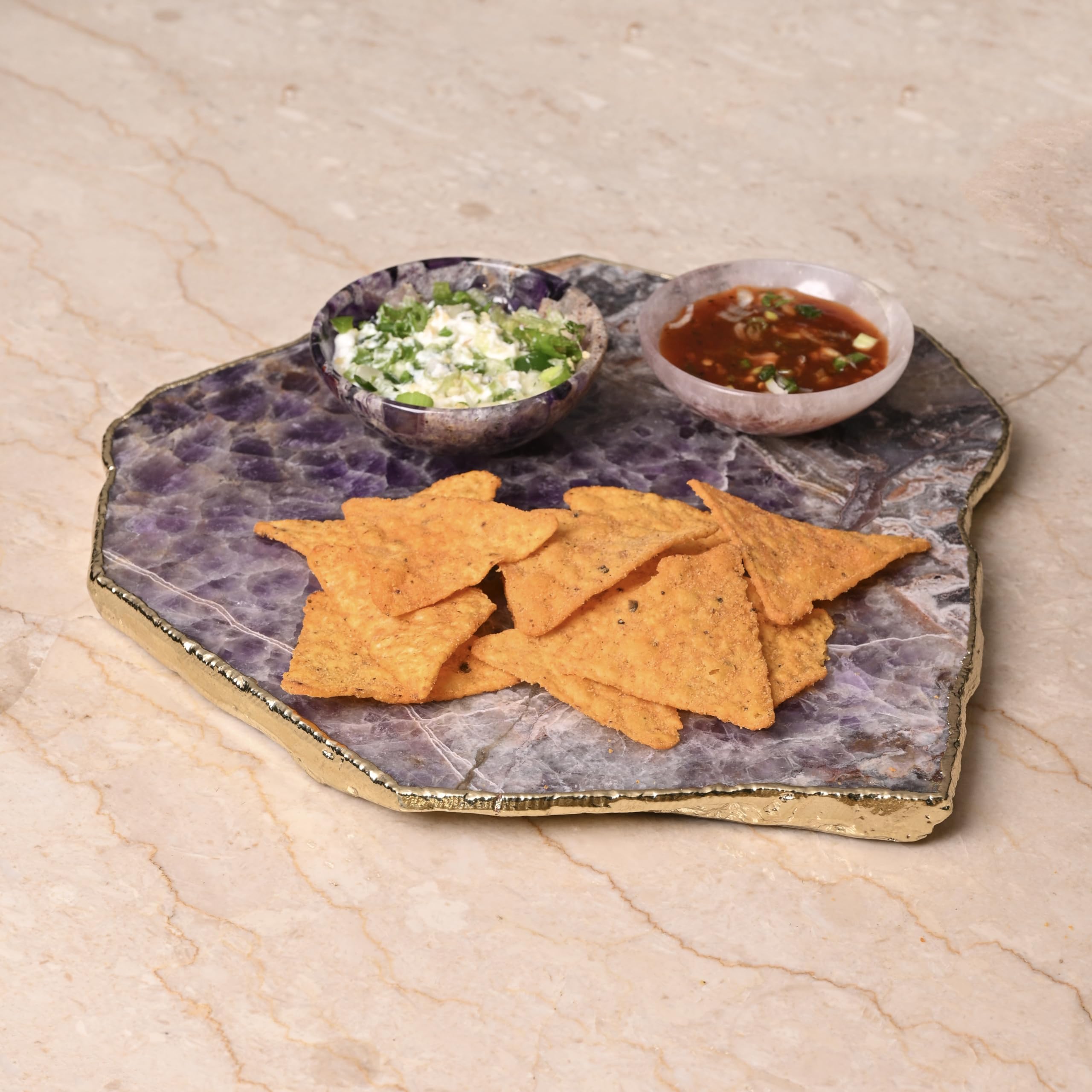 Amethyst Cheese Serving Board with Gold Trim - Natural Purple Crystal Platter for Charcuterie, Cheese & Appetizers | Elegant Gift for Christmas, Housewarming, Thanksgiving | Perfect for Dinner Parties, Bridal Showers & Hostess Gifts
