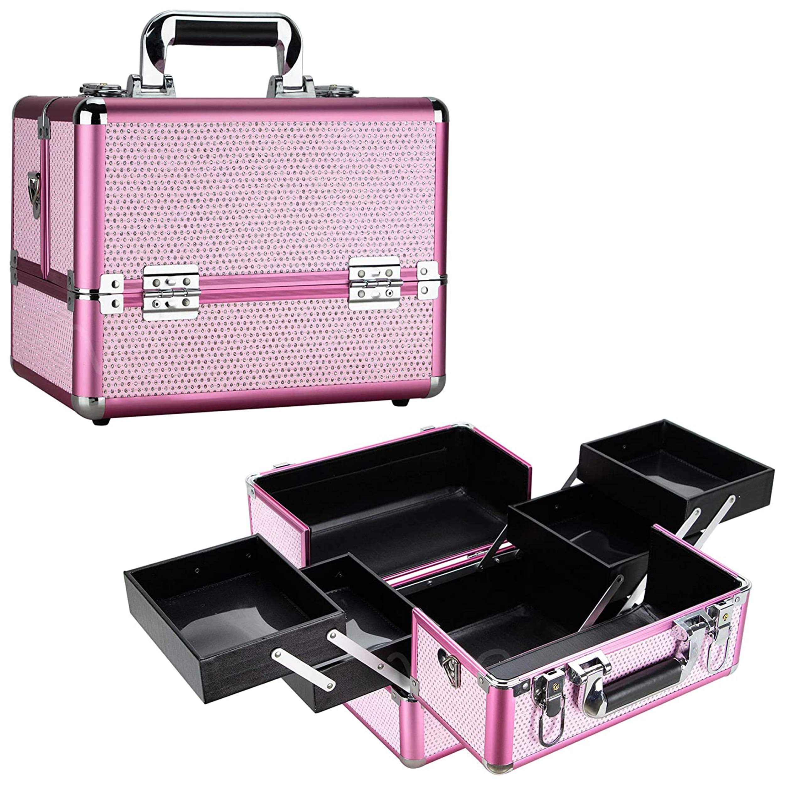 Ver Beauty Professional Makeup Case - 2 Tier Extendable Travel Makeup Organizer with Heavy Duty Construction, Pink Krystal Cosmetic Bag (VP009-43) | Perfect for Makeup Artists, Travel & Salon Storage