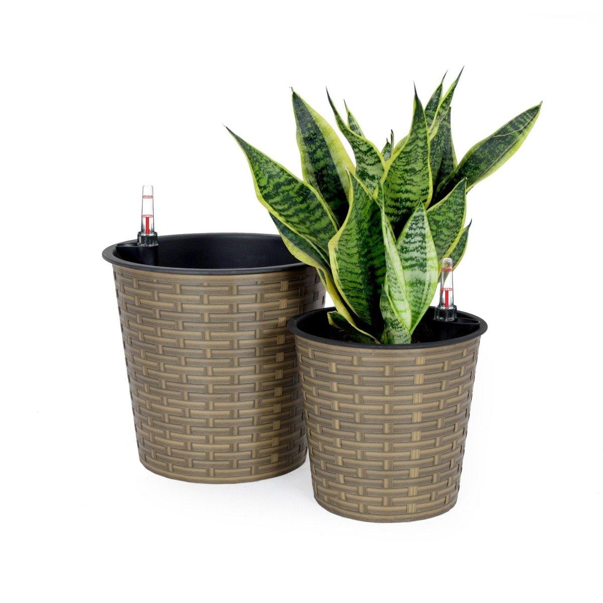 2 Pack Catleza Self-Watering Wicker Planters - Round Decorative Flower Pots for Indoor & Outdoor Use - Perfect for Home, Office, Patio, and Garden Decor
