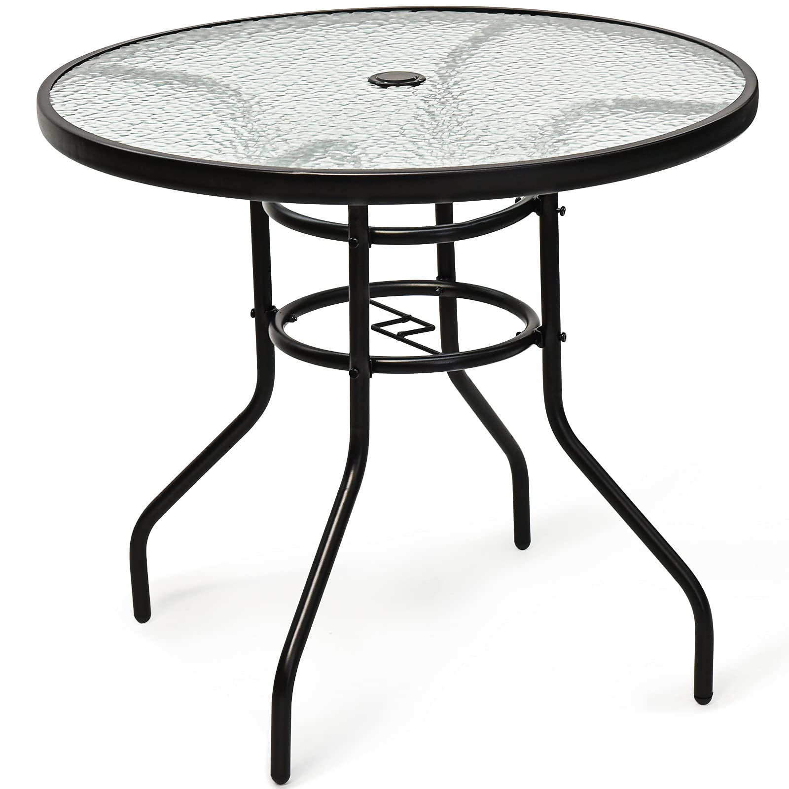 32'' Round Outdoor Patio Table with Umbrella Hole - Tempered Glass Top & Sturdy Metal Frame - Bistro Dining Coffee Table for Garden, Balcony, Poolside - Perfect for Outdoor Entertaining & Relaxation