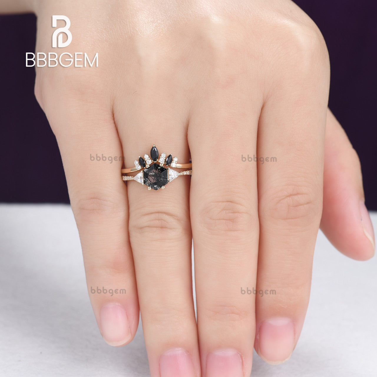 Three Stone Ring Set with Hexagon Cut Black Rutilated Quartz & Triangle Moissanite Side Stones in 18K Yellow Gold - Elegant Engagement, Wedding, or Anniversary Jewelry Gift