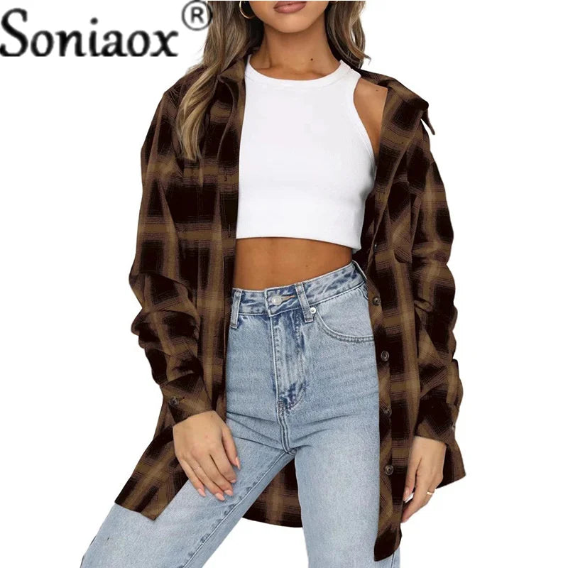 Women's Flannel Plaid Shirt - Soft Loose Fit Long Sleeve Button Down Blouse with Pockets | Casual Fall & Winter Layering Top for Outdoor Activities, Work & Everyday Wear