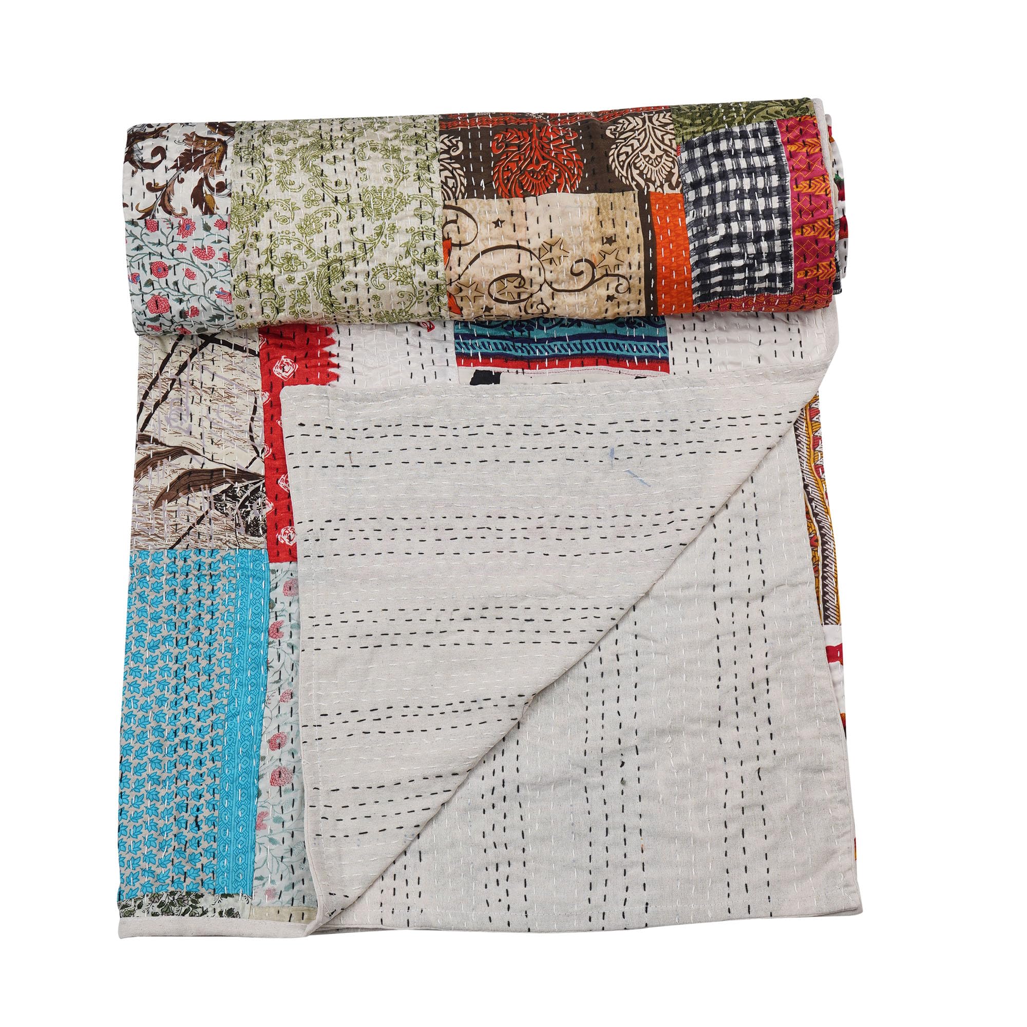 Handmade Indian Kantha Cotton Quilt - Queen Size 90x108 Inch - Traditional Silk Sari Patchwork Blanket for Bed, Sofa & Home Decor | Marubhumi Premium White Throw