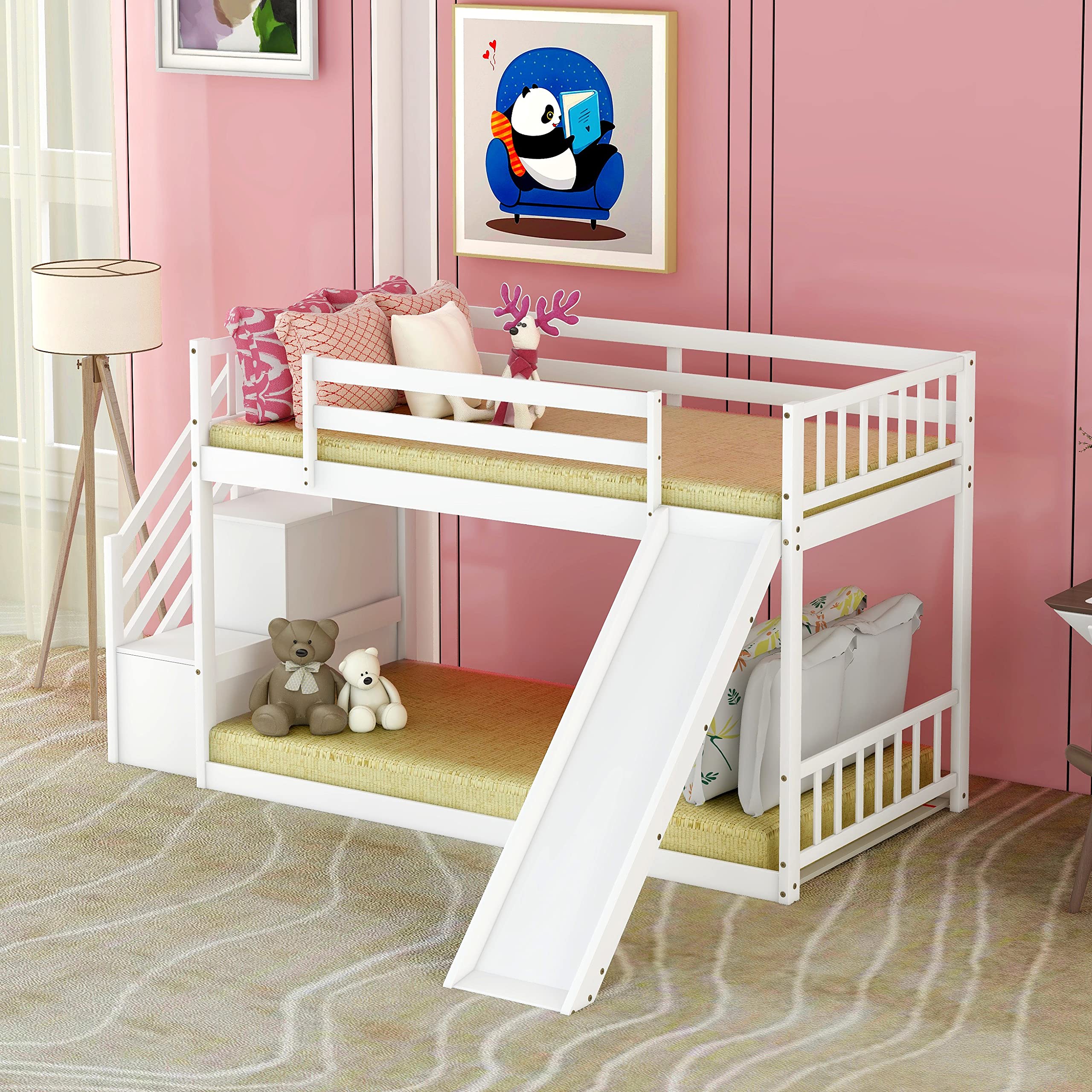 Harper & Bright Designs Twin Bunk Bed for Kids - Wooden Low Bunk Bed with Slide & Stairway - White - Perfect for Kids' Bedroom, Playroom & Space-Saving Solutions