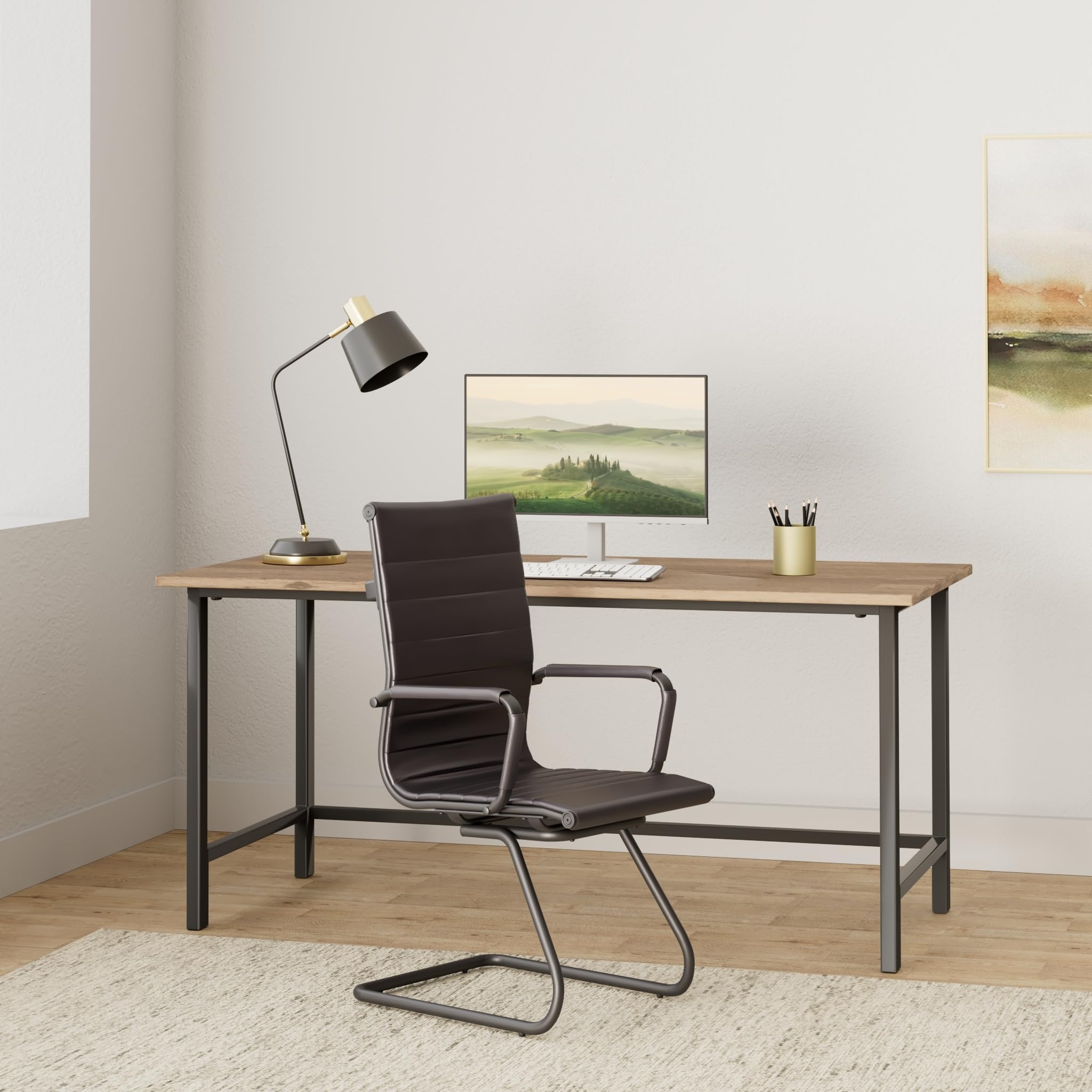 Ergonomic Office Reception Chairs - No Wheels Leather Conference Chairs with Lumbar Support - Set of 2 Guest Chairs in Vintage Charcoal - Perfect for Waiting Areas, Conference Rooms & Home Offices