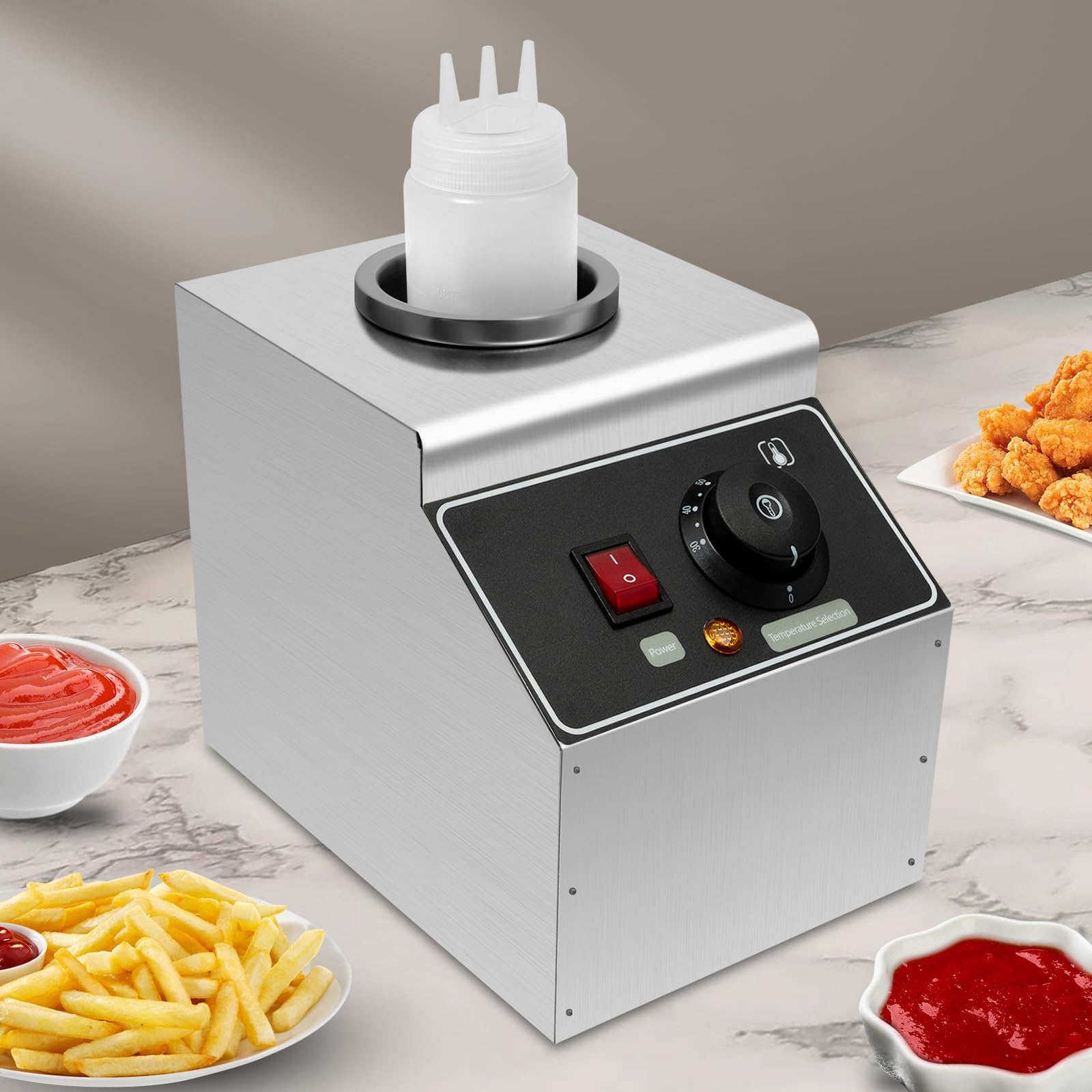 Commercial Electric Sauce Warmer Dispenser 240W - Stainless Steel Countertop Sauce Dispenser with Bottle - Adjustable Temperature 30-85℃ for Chili, Hot Fudge, Cheese, Caramel & Jam - Perfect for Restaurants, Cafes & Catering Events (1 Bottle)