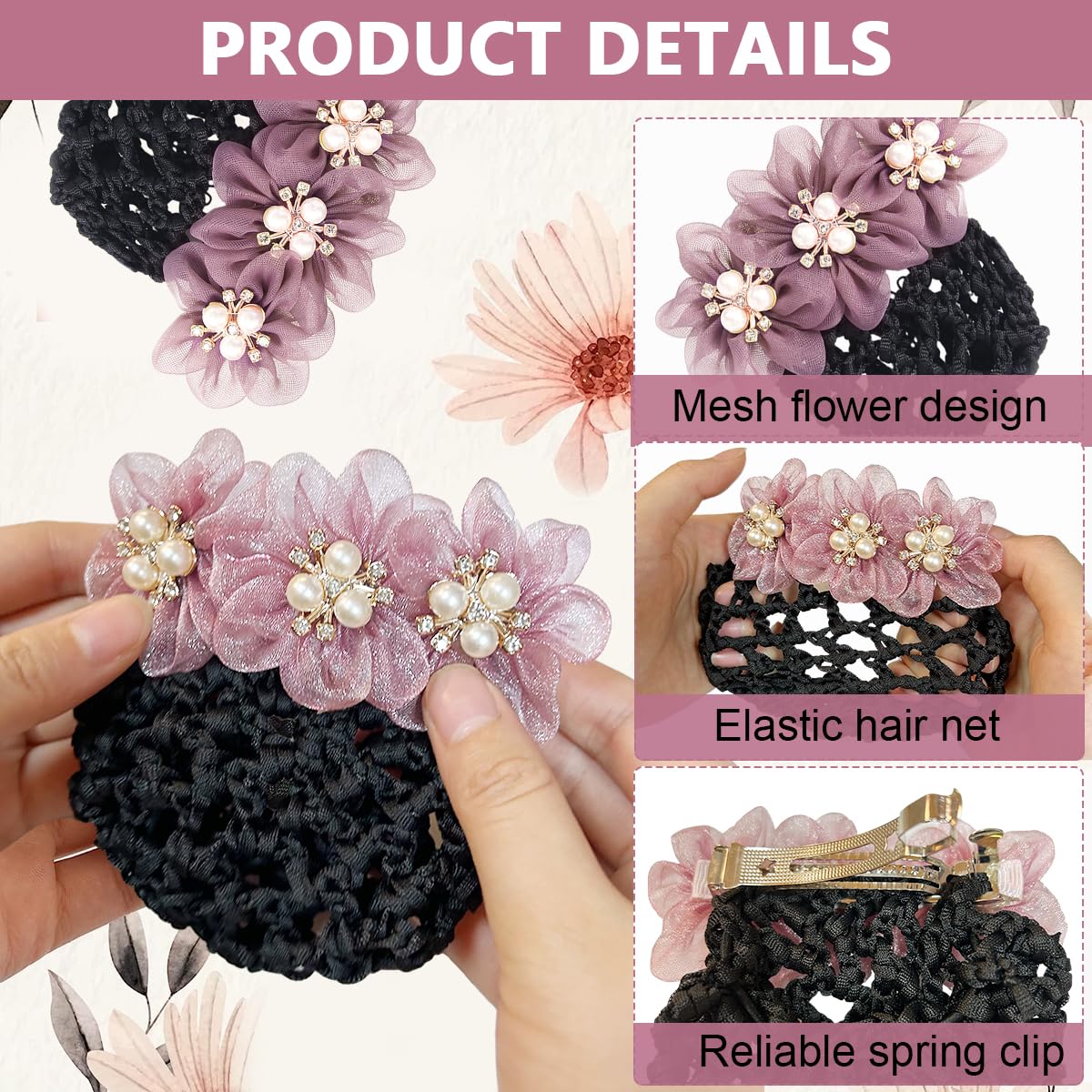 MAYCREATE® Women's Hair Bun Accessories - Elegant Flower Hair Snood Net & Pearl Mesh Bun Maker - Secure Hair Bun Cover for Daily Use, Work & Dance Performances | Perfect for Ballet, Office & Special Occasions