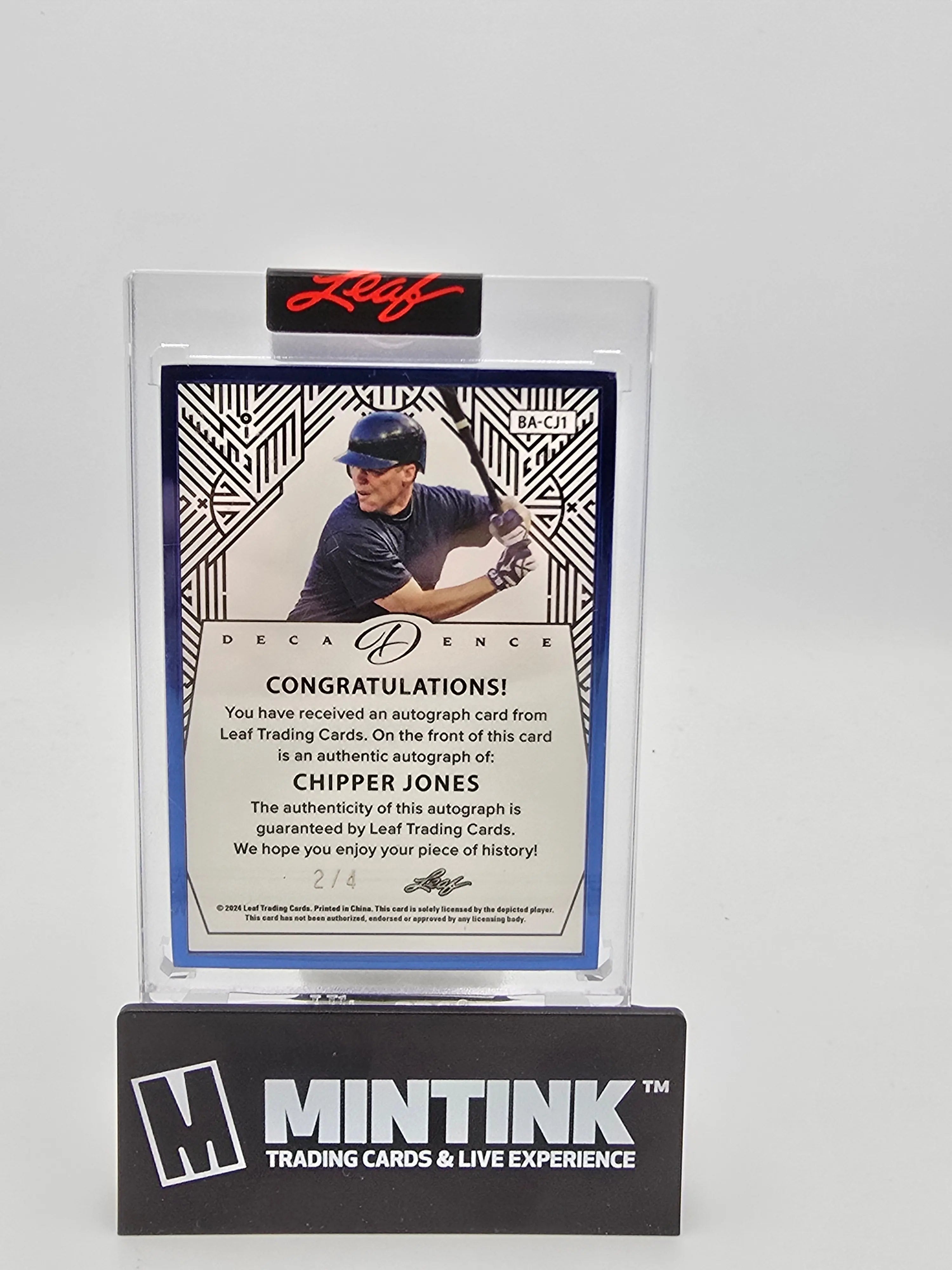2024 Leaf Decadence Baseball Chipper Jones Sapphire Blue Frame Autograph Card /4 - Rare Collectible for MLB Fans & Sports Memorabilia Enthusiasts