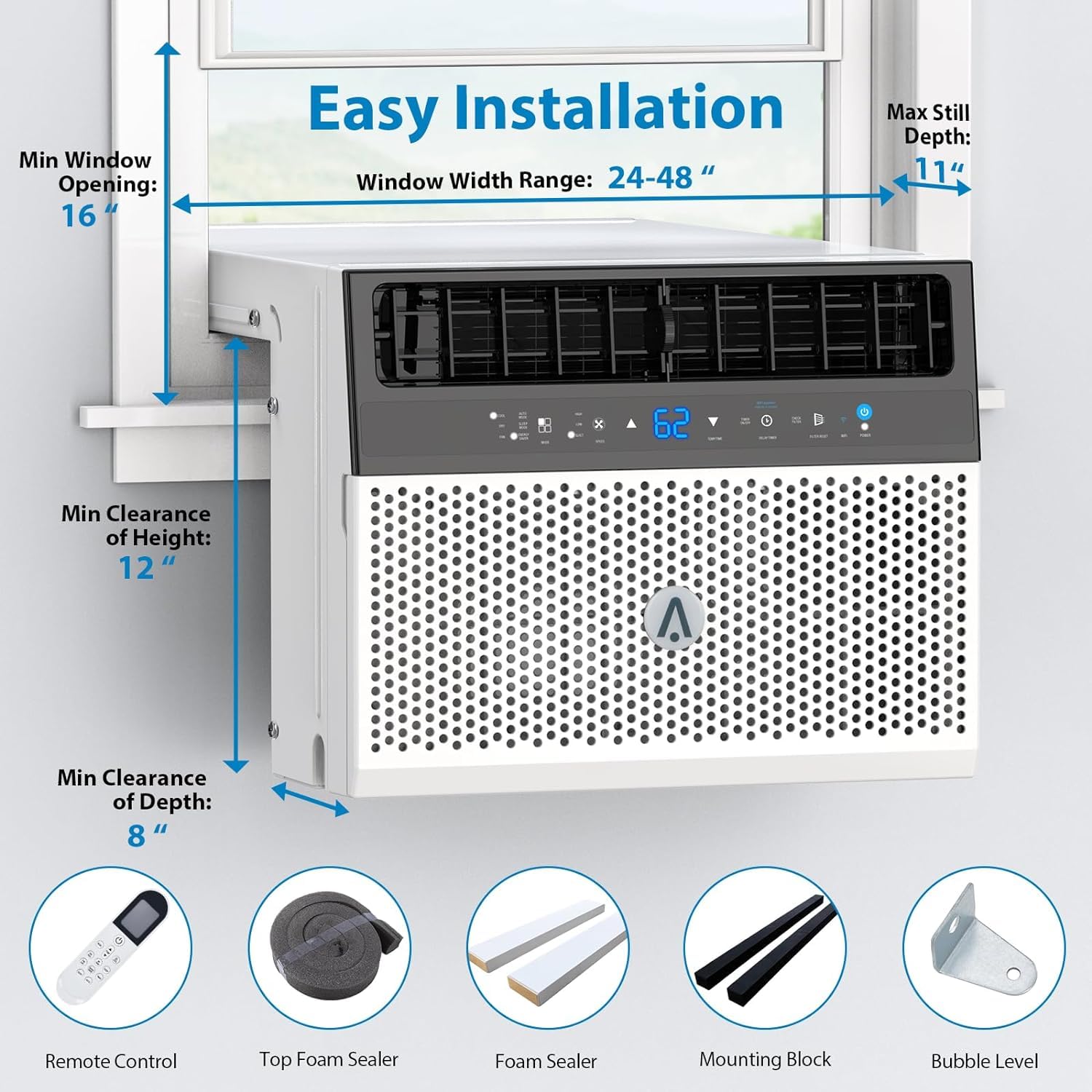 8000BTU U-Shaped Window Air Conditioner - Ultra Quiet, Energy Efficient AC Unit Cools Up to 370 Sq.Ft - Remote Control & Washable Filter - Perfect for Bedrooms, Living Rooms & Small Offices