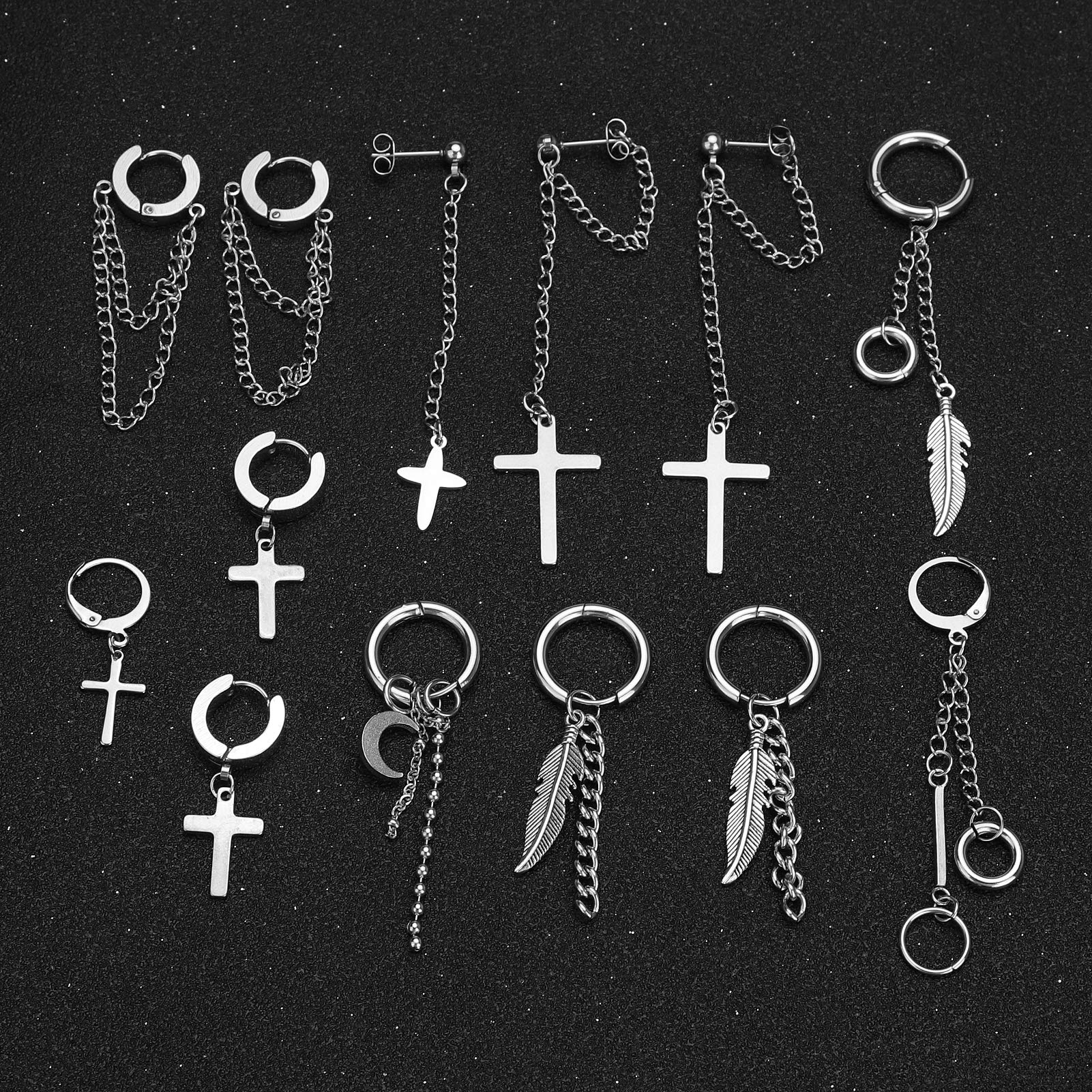 FIFATA 20 Pack Stainless Steel Men's Earrings Set - Black Chain Hoop, Cross, Moon & Star Dangle Earrings for Men & Women | Trendy Body Jewelry for Parties, Gifts & Everyday Wear