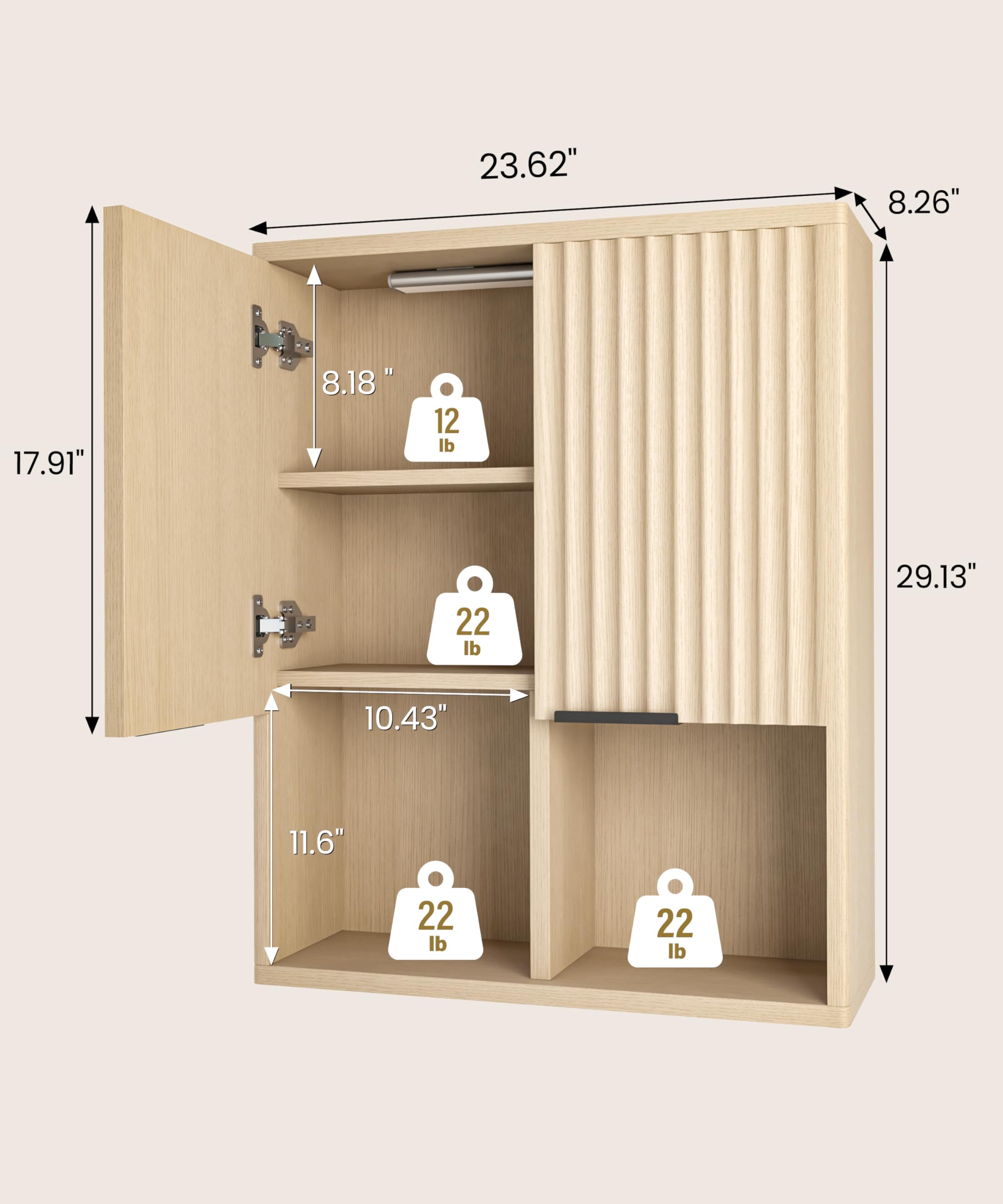 HAIOOU Fluted Wave Design Wooden Medicine Cabinet with Motion Sensor Light - Wall Mounted Bathroom Storage with Buffering Hinges, Over Toilet Organizer for Modern Home Decor (Natural Finish)