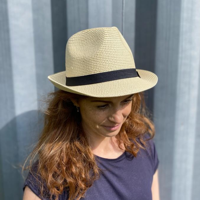 Stylish Folding Travel Trilby Sun Hat with Black Ribbon - 61cm Brim for UV Protection - Perfect for Beach Vacations, Outdoor Adventures & Summer Fashion