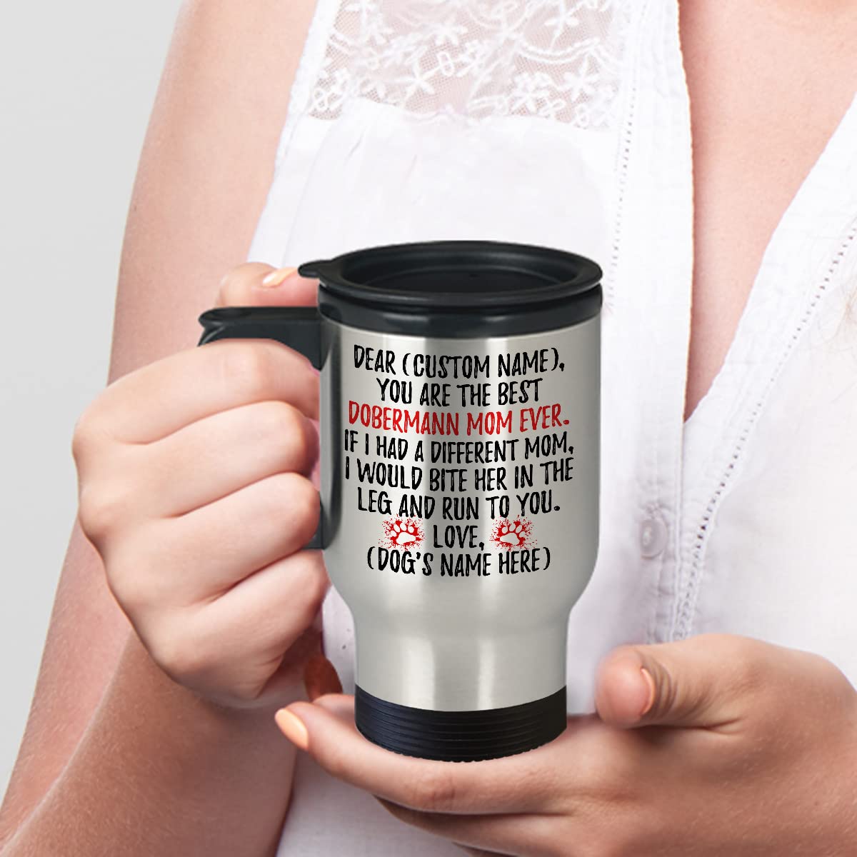 Personalized Doberman Pinscher Dog Mom Travel Mug - 14oz Insulated Coffee Cup with Lid - Unique Gift for Doberman Owners, Dog Lovers & Pet Moms - Perfect for Coffee, Tea, Commuting & Office Use
