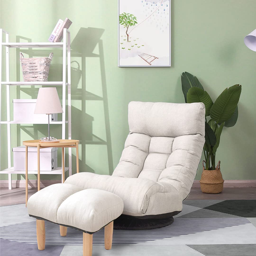 360° Swivel Gaming Chair with Ottoman - Adjustable Backrest Folding Floor Sofa for Bedroom & Living Room | Grey Chaise Lounge for Video Games, Movie Nights & Relaxation