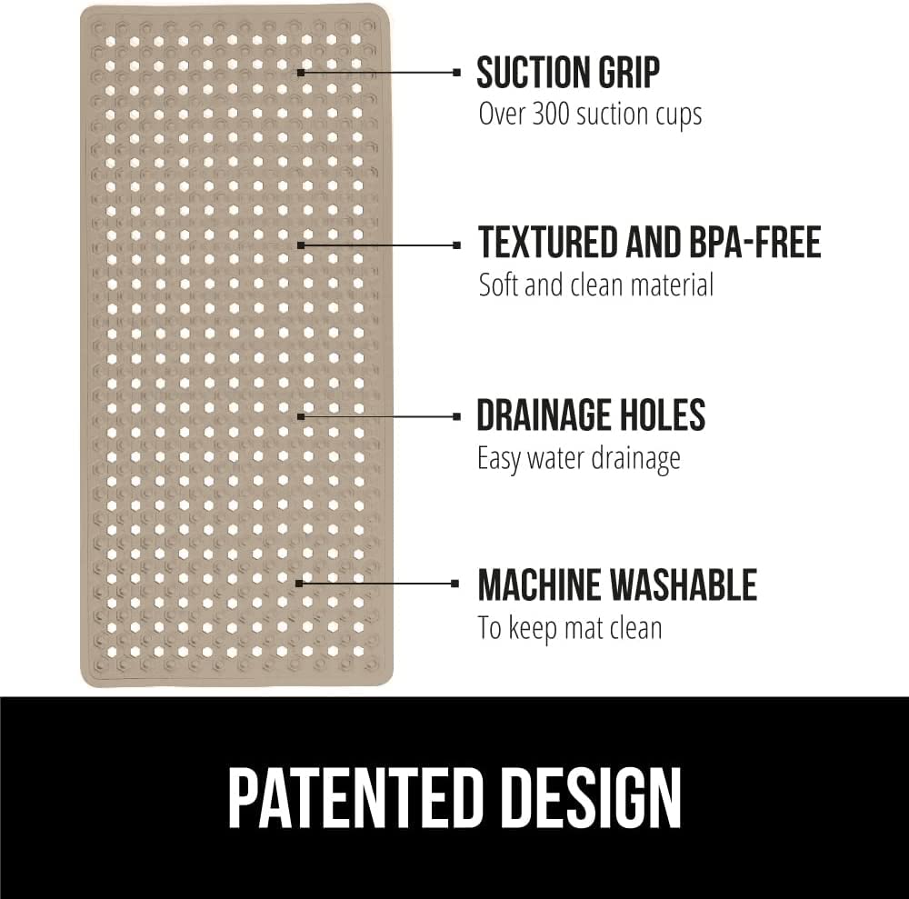 GORILLA GRIP Non-Slip Bathtub Shower Mat with Suction Cups - Machine Washable Bath Mat with Drain Holes - Soft Anti-Slip Tub Floor Liner for Bathroom Safety (35x16 Inch, Beige) - Perfect for Kids, Elderly & Wet Bathroom Floors