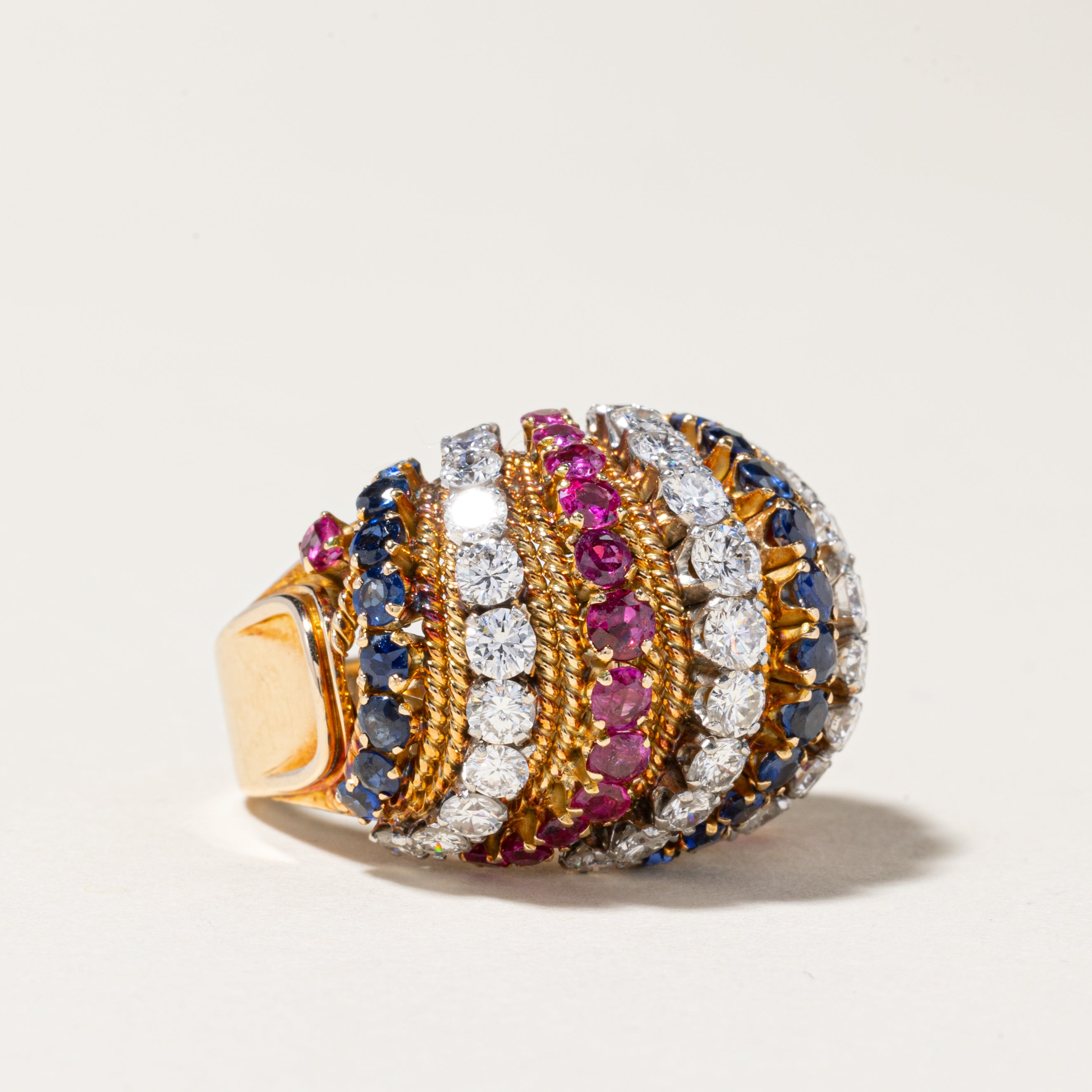 18K Yellow Gold Ruby Sapphire & Diamond Dome Ring - 1.01ctw Ruby, 1.01ctw Sapphire, 1.60ctw Diamond - Size 5.25 - Elegant Statement Jewelry for Weddings, Anniversaries & Special Occasions