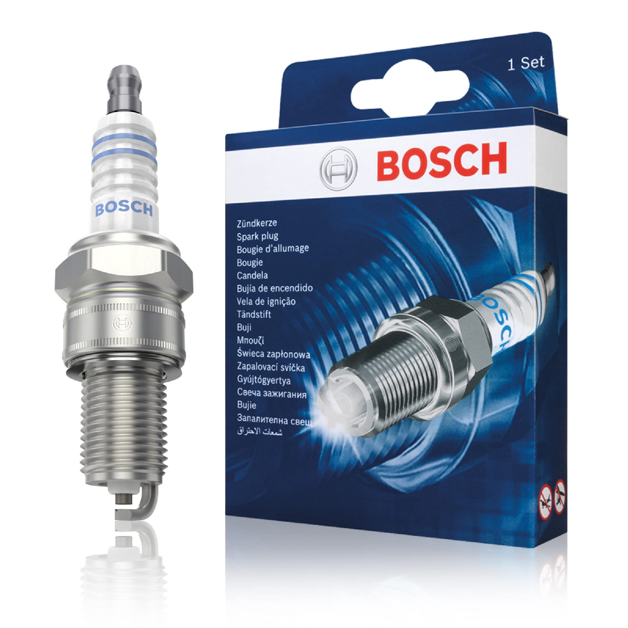 Bosch WR7DC (+1) Nickel Spark Plugs - Set of 4 for Improved Engine Performance & Fuel Efficiency - Perfect for Cars, Trucks & Motorcycles