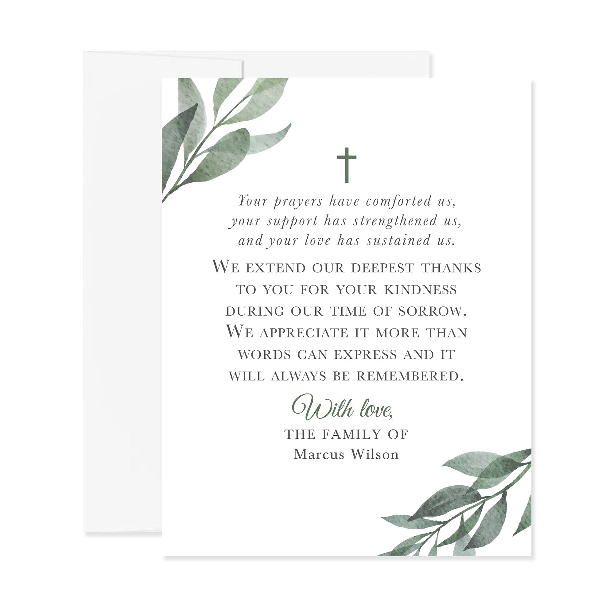 Personalized Greenery Funeral Thank You Cards with Cross - Sympathy Acknowledgement Cards with Envelopes (4.25x5.5 Inch Flat Notecards) - Perfect for Memorial Services, Bereavement Gifts & Condolence Notes