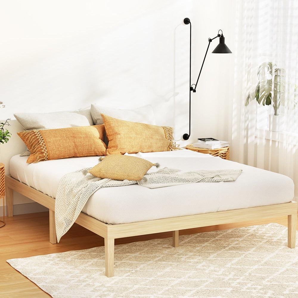 Bruno Minimalist Queen Solid Pinewood Bed Frame - Sturdy Wooden Platform Bed for Bedroom, Guest Room & Dorm - Eco-Friendly Scandinavian Design with Underbed Storage Space