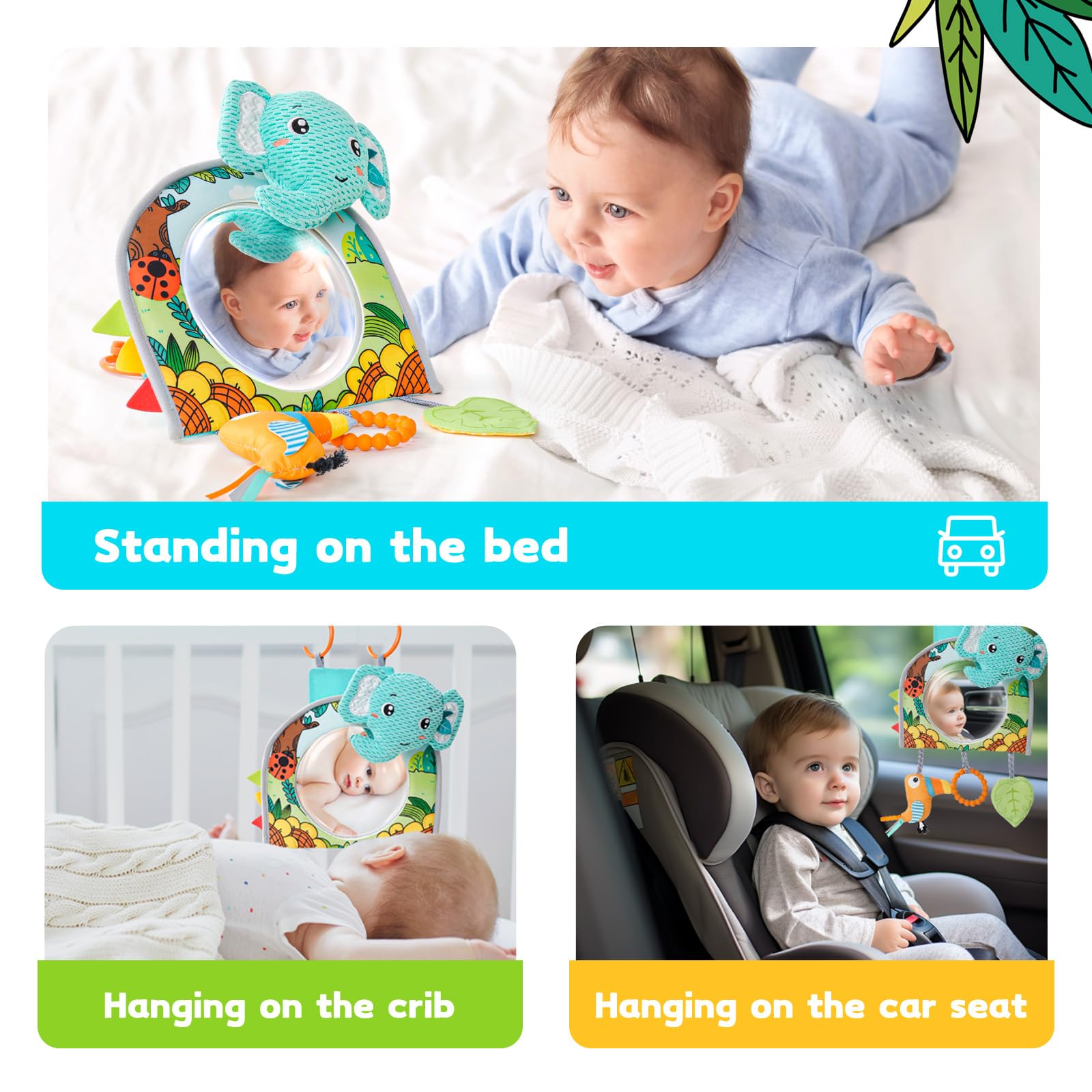 Baby Car Seat Toys - Mirror, Teether & Crinkle Paper for Travel & Tummy Time