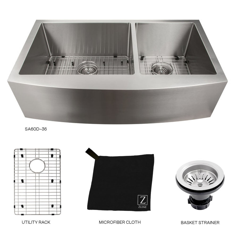 ZLINE Courchevel 36-inch Farmhouse Apron Front Double Bowl Stainless Steel Kitchen Sink with Bottom Grid (SA60D 36) - Perfect for Rustic & Modern Kitchens, Durable for Heavy Cooking & Dishwashing