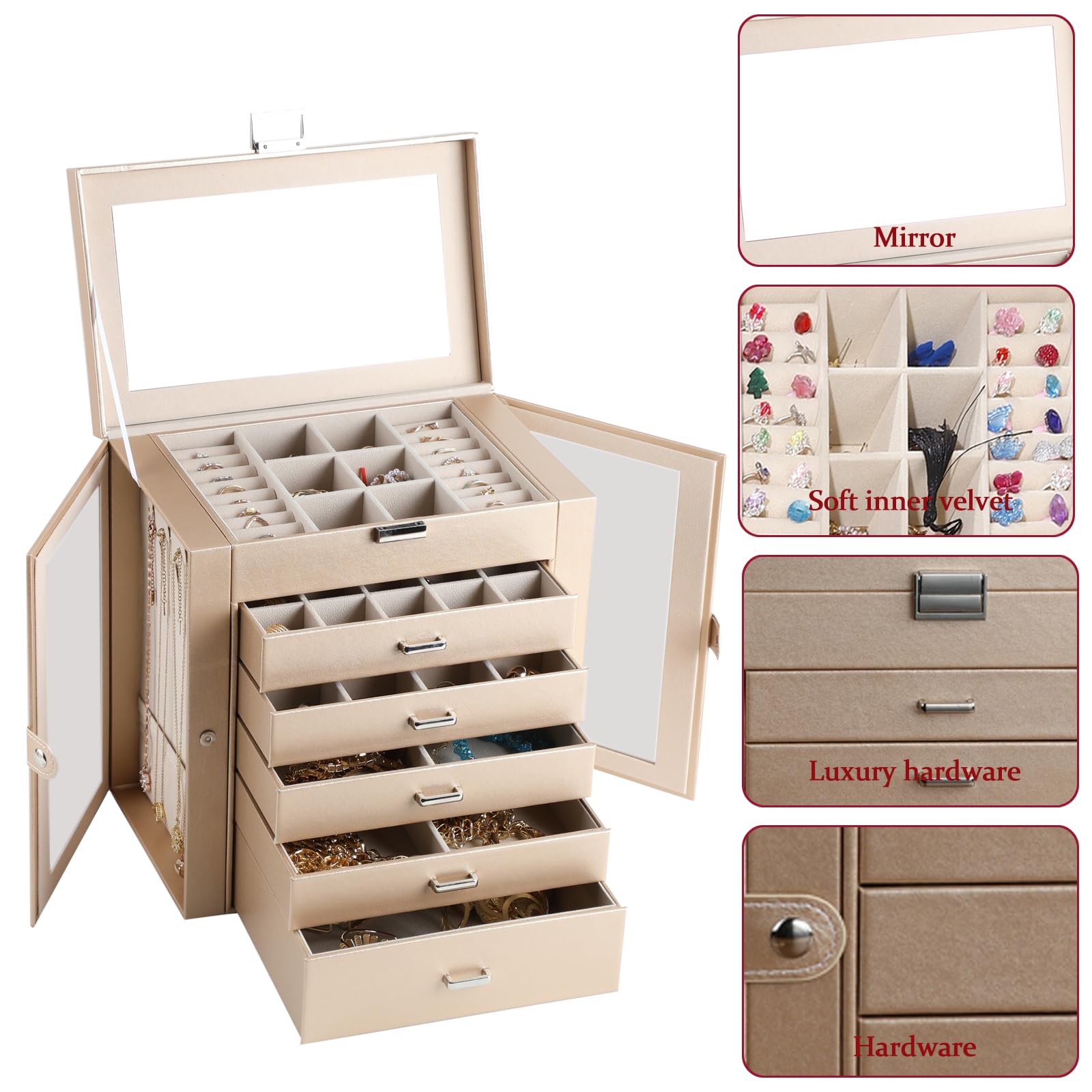 6-Layer Large Jewelry Box Organizer with Mirror & 5 Drawers - 2 Glass Door Display Case for Necklaces, Rings & Earrings - Champagne Gold Jewelry Storage for Bedroom Vanity & Travel (Gift Idea for Women)