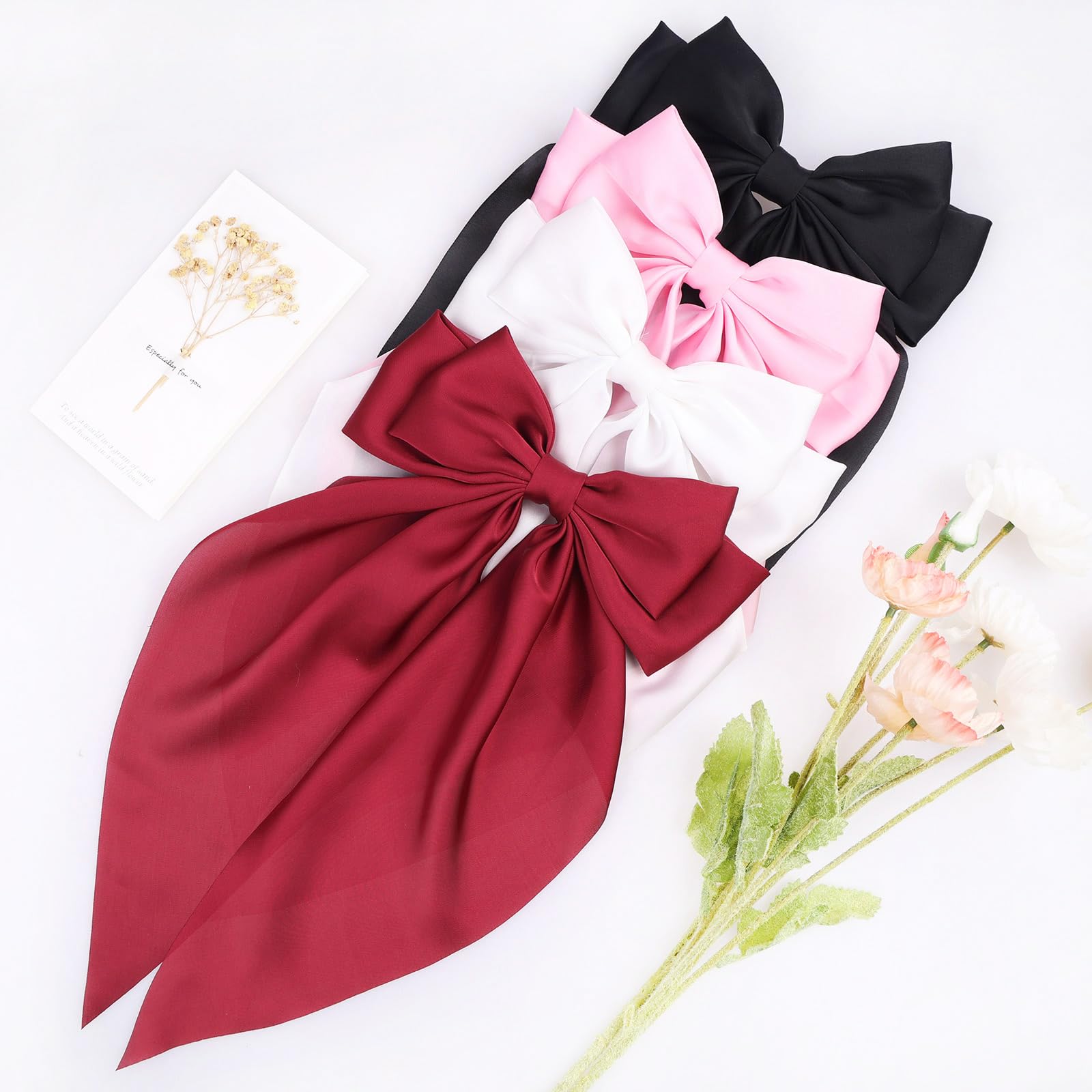 MRJ 4 Pack Large Satin Hair Bows for Women & Girls - Elegant Hair Clips with Metal Barrettes, Aesthetic Bowknot Hair Accessories for Parties, Weddings & Daily Styling