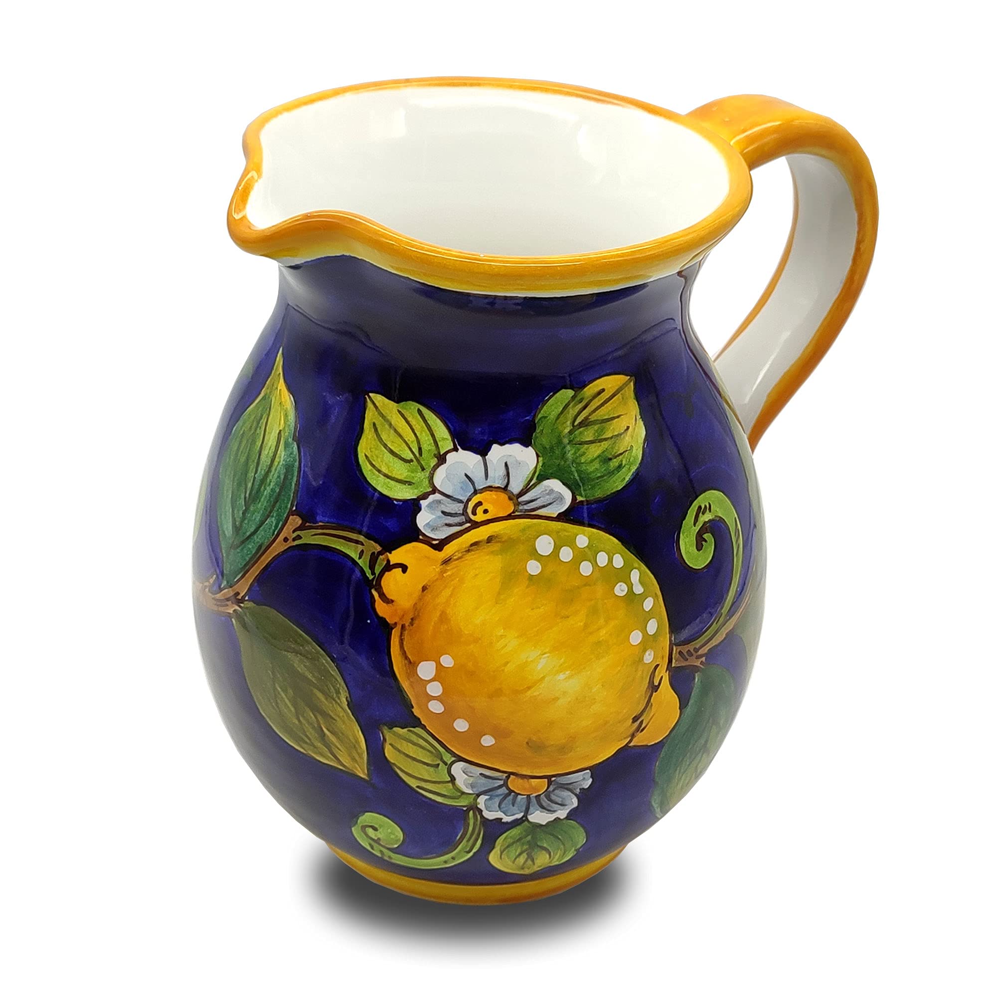 Italian Ceramic Pitcher 33oz - Hand Painted Lemon Blue Design Kitchen Carafe & Utensil Holder - Tuscan Pottery Wine Dispenser & Home Decor Vase - Perfect for Italian Kitchen Decor, Dining Table Centerpiece & Gift Idea