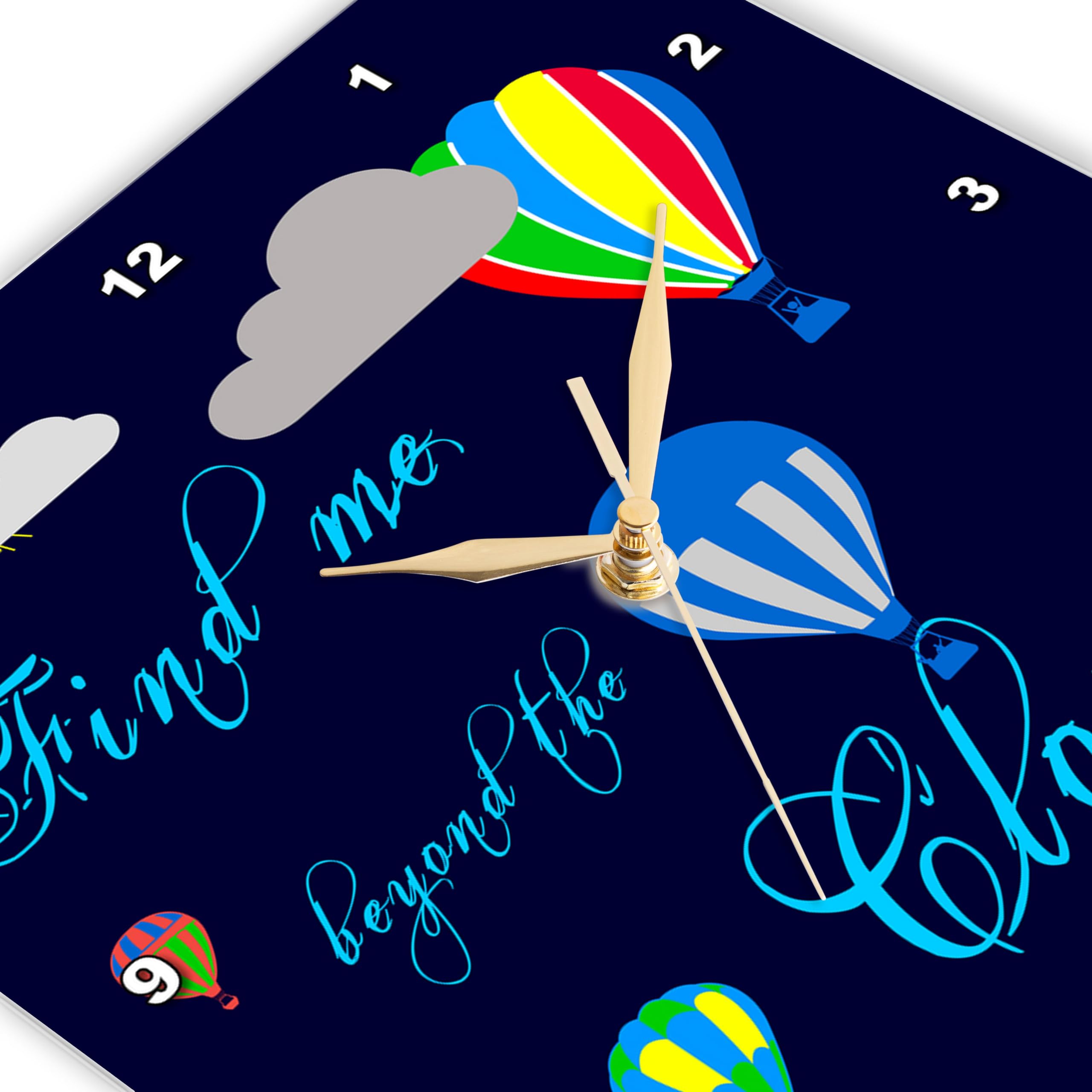 3dRose Hot Air Balloons & Sun Wall Clock - 'Find Me Beyond The Clouds' Blue Decor, 10x10 Inches - Perfect for Home, Office & Gift Giving