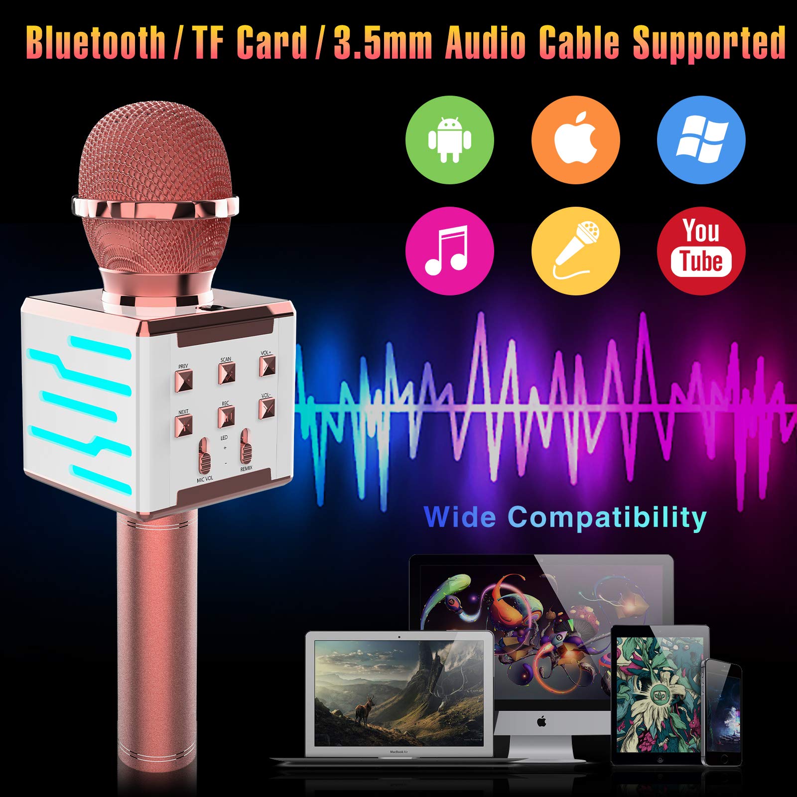 10W High-Fidelity Wireless Bluetooth Karaoke Microphone with Multicolor LED Light - 4-in-1 Portable Speaker for Kids Singing, Parties & Music - Compatible with Android/iOS/PC/AUX - Perfect for Home Karaoke, Birthday Parties & Family Gatherings
