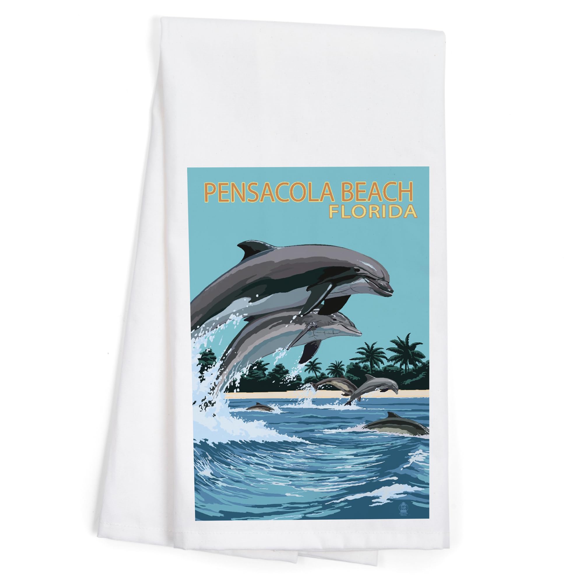 Lantern Press Pensacola Beach Florida Dolphins Jumping 100% Cotton Tea Towel - Decorative Hand Towel for Kitchen, Bathroom & Home Decor - Perfect for Dish Drying, Gift Giving & Coastal Themed Decor
