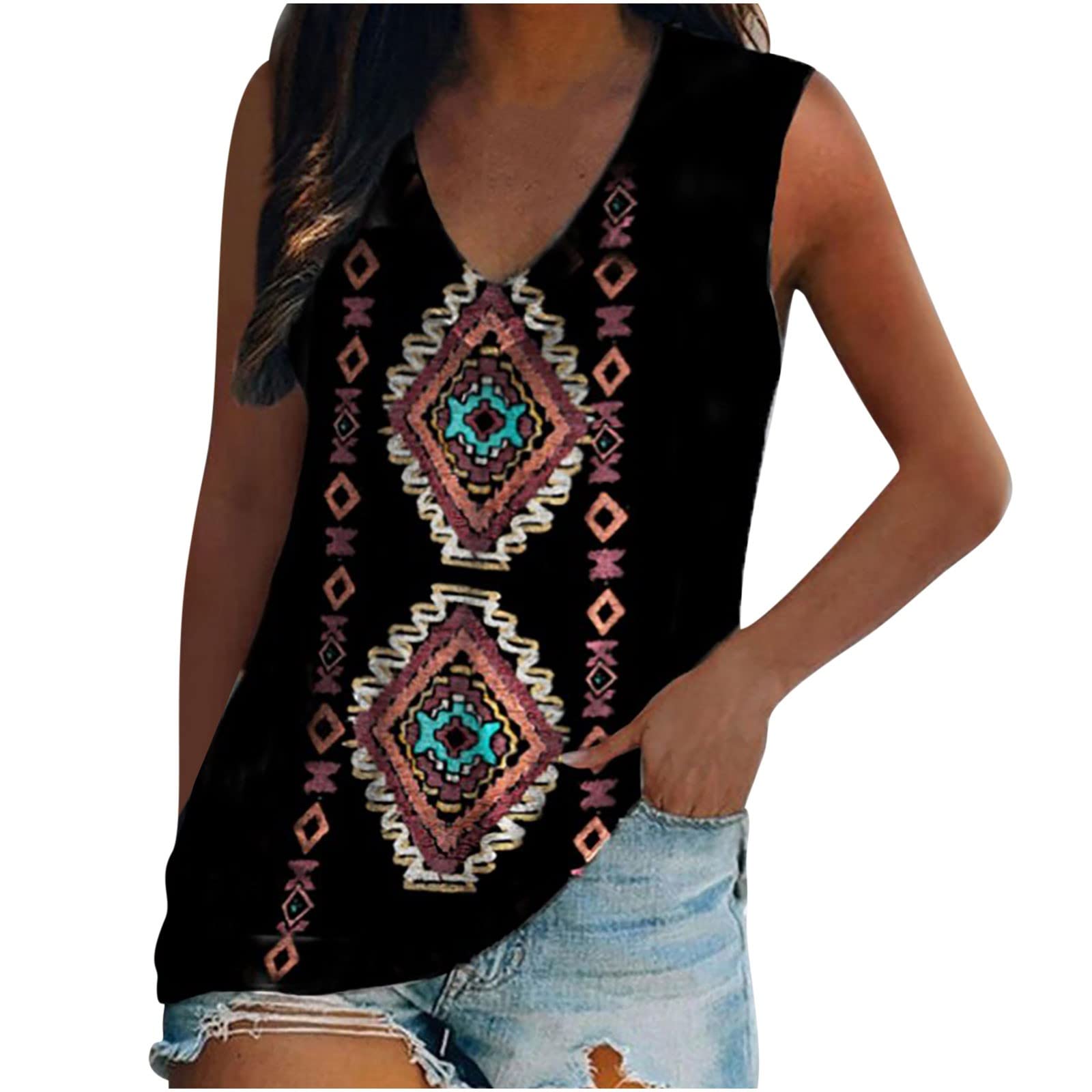 Retro Western Aztec Tank Tops for Women - Summer Casual Shirts for Outdoors