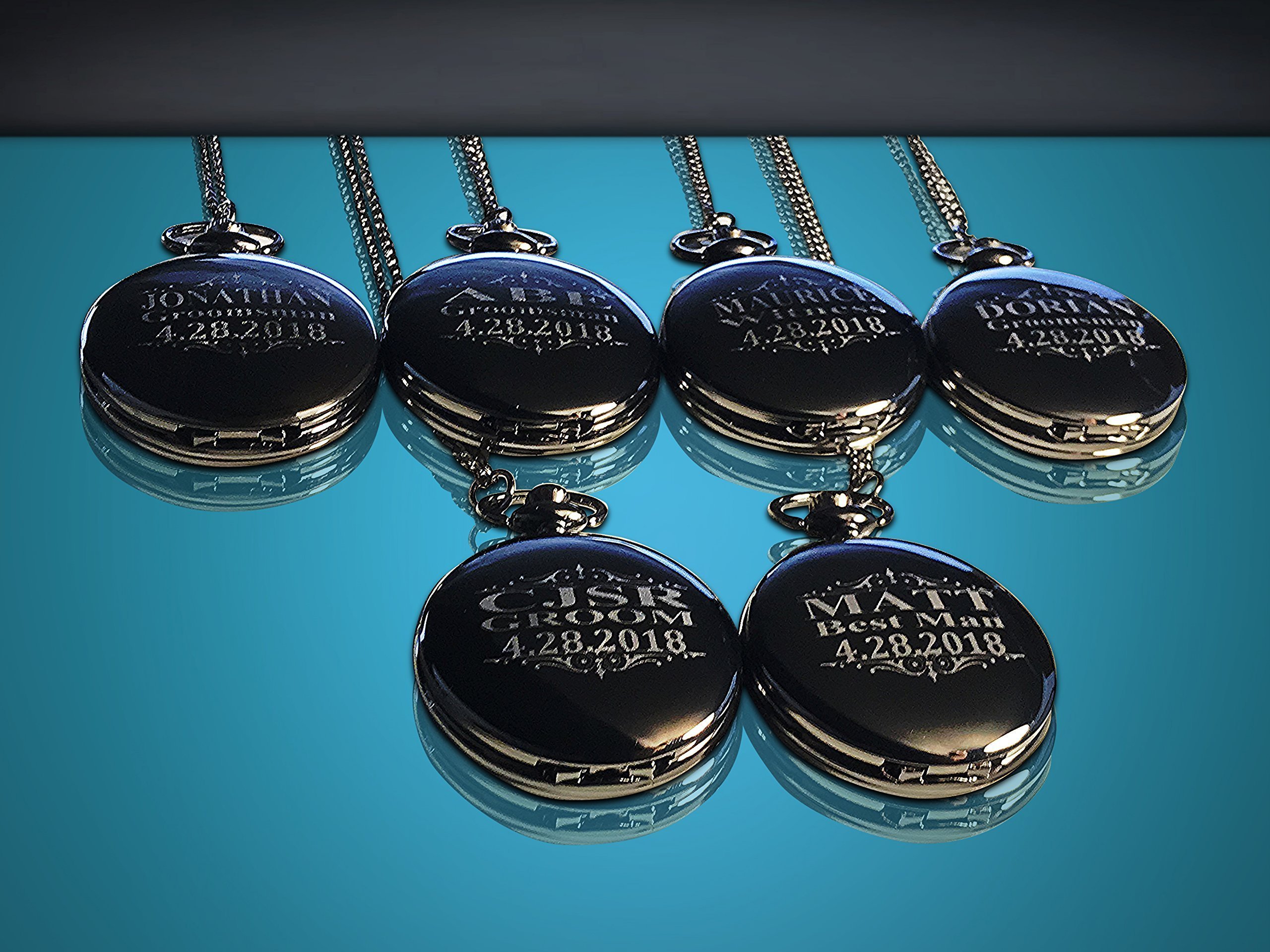 6 Silver Pocket Watches for Groomsmen - Engraved Gift Set with Chains & Display Box - Perfect for Weddings, Anniversaries & Special Occasions