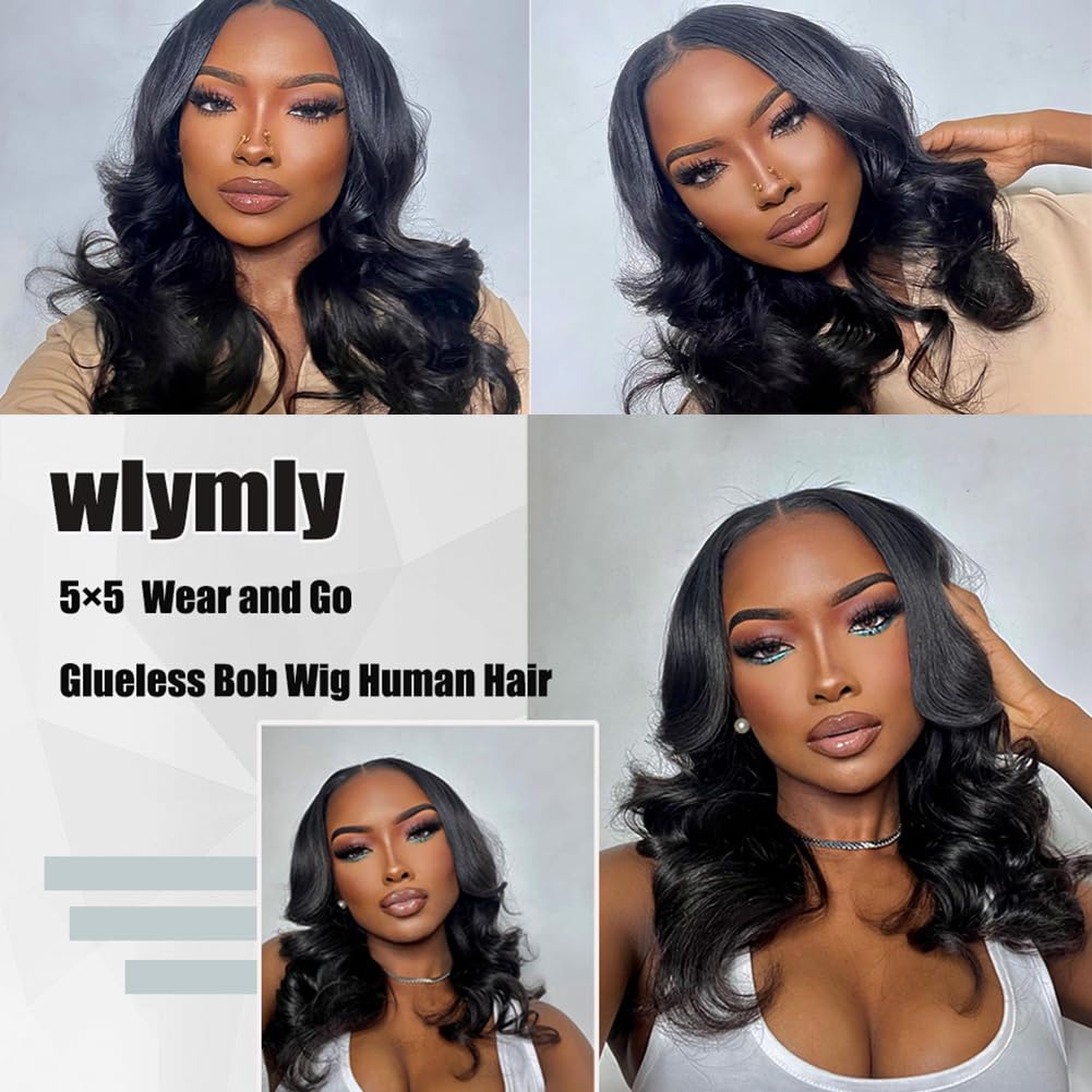 5x5 Glueless Bob Wig Human Hair - Pre Plucked & Pre Cut Lace Front Wigs for Black Women - 180% Density 12 Inch Body Wave No Glue Lace Closure Wig - Perfect for Beginners, Daily Wear & Special Occasions