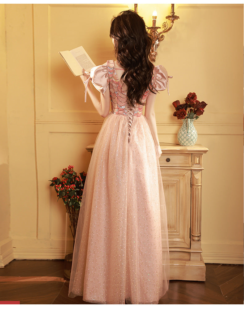 Elegant A-Line Shiny Long Prom Dress with Puff Sleeves - Formal Evening Gown for Sweet 16, Birthday Party, Homecoming & Special Occasions | Perfect for Prom Night, Quinceañera & Wedding Guest Attire
