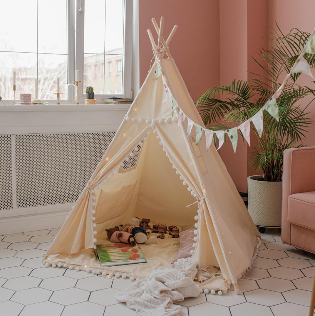 Kids Play Teepee Tent - 100% Organic Cotton Playhouse for Boys & Girls | Indoor Play Tent, Bedroom Decor & Reading Nook | Perfect for Imaginative Play, Sleepovers & Nursery Decorations