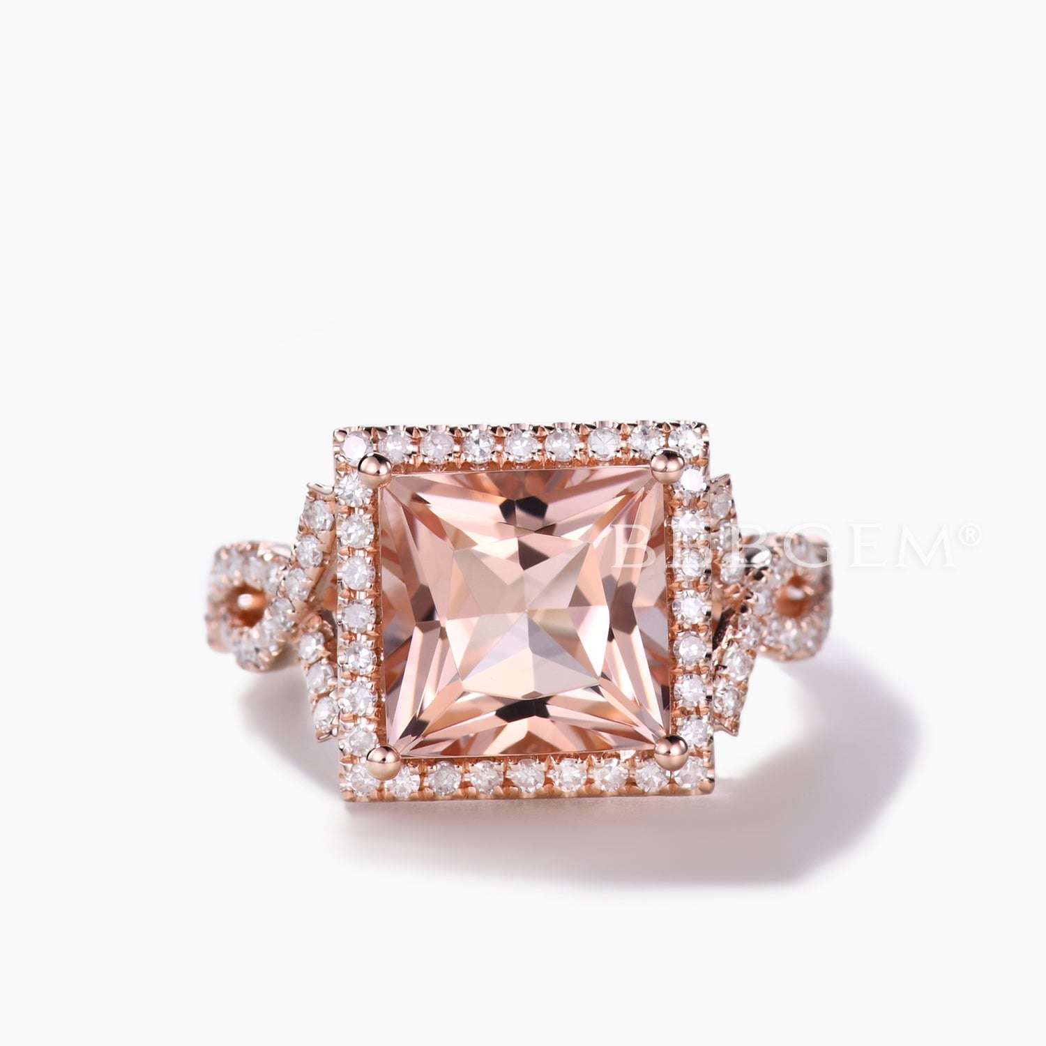 8mm Princess Cut Morganite Engagement Ring with Infinity Twisted Diamond Band - Vintage Style Rose Gold Wedding Ring Set for Brides, Anniversary Gift, Proposal Jewelry for Her