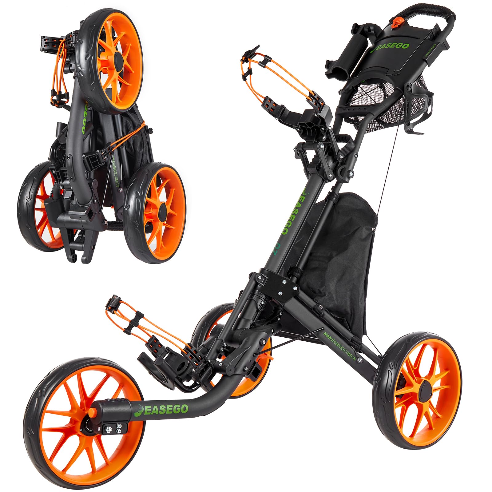 **3 Wheel Golf Push Cart - Foldable Golf Bag Caddy with Phone Holder, Cup Holder & Umbrella Holder | Compact & Quick Fold Design | Large Wheelbase for All Terrains | Perfect for Golfers, Seniors & Beginners**    *(Use Case: Ideal for golf courses, practice ranges, or casual strolls – lightweight, portable, and easy to store!)*