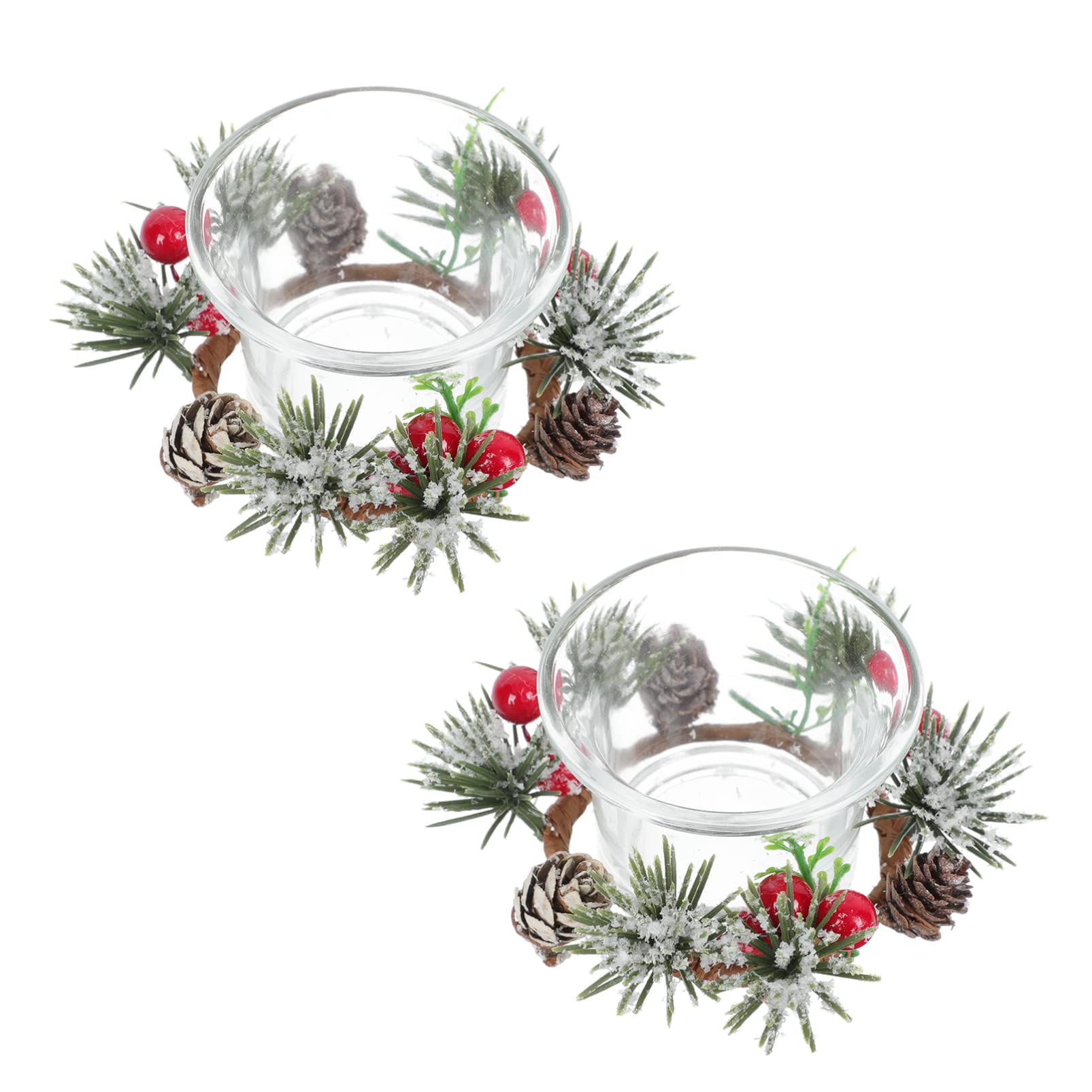 PRETYZOOM Christmas Votive Candle Holder Set - 2 Pinecone & Red Berry Wreath Glass Tealight Holders (10cm) for Holiday Table Decor, Party Centerpiece & Home Decoration - Perfect for Christmas Dinner, Fireplace Mantel & Festive Gift Giving