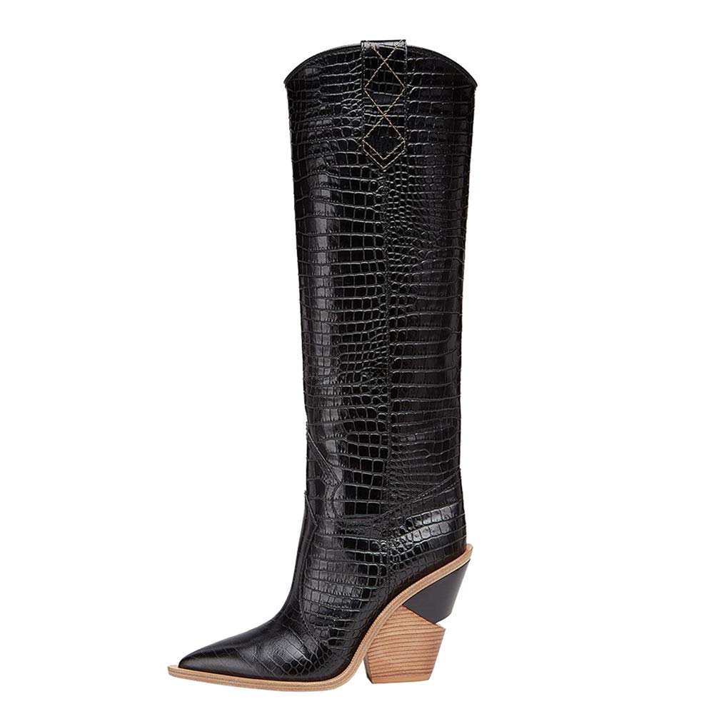 YIYA Women's Cowgirl Knee High Boots with Thick Wedge Heel - Western Cowboy Fashion Dress Boots for Women | Perfect for Country Dancing, Rodeo Events & Fall/Winter Outfits
