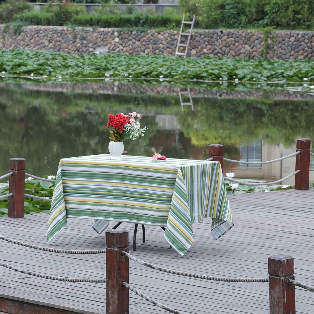 60x120 Inch Water-Resistant Outdoor Tablecloth - Green Stripe Rectangle Table Cover for Spring & Summer Patio Dining - Perfect for BBQs, Garden Parties & Outdoor Entertaining