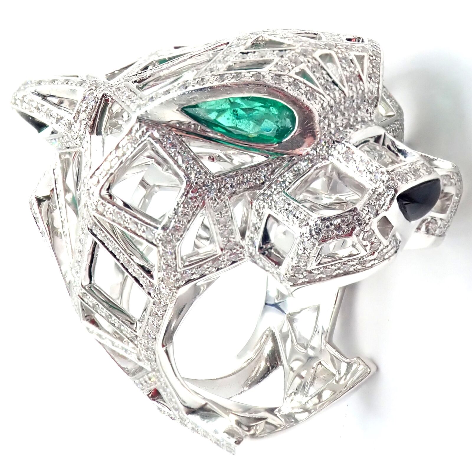 Cartier Panther Panthere 18k White Gold Emerald & Diamond Ring Size 54 - Luxury Jewelry for Women, Elegant Gift for Anniversary & Special Occasions